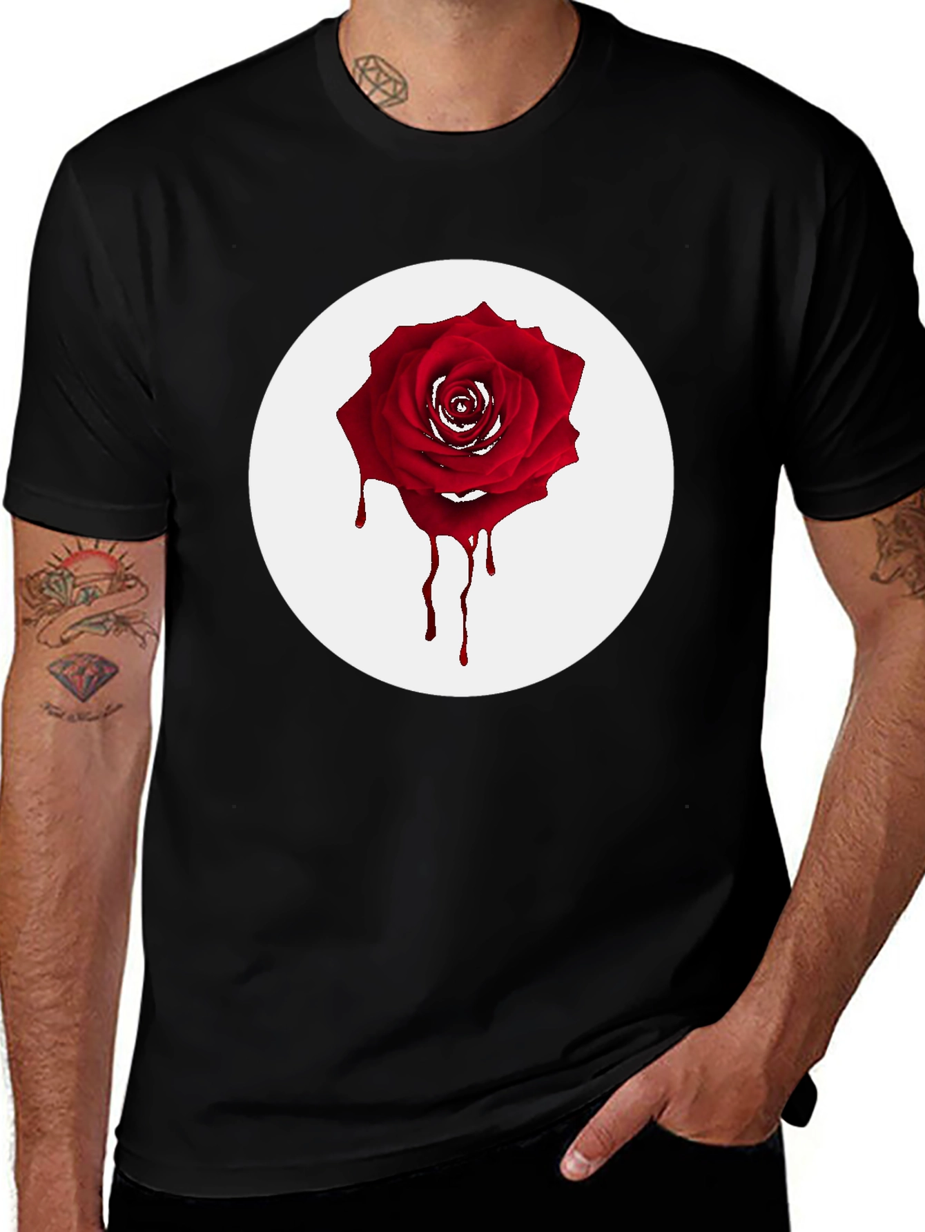 Mens Black T-Shirt with Bleeding Rose Graphic