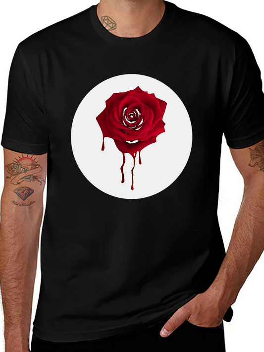 Mens Black T-Shirt with Bleeding Rose Graphic