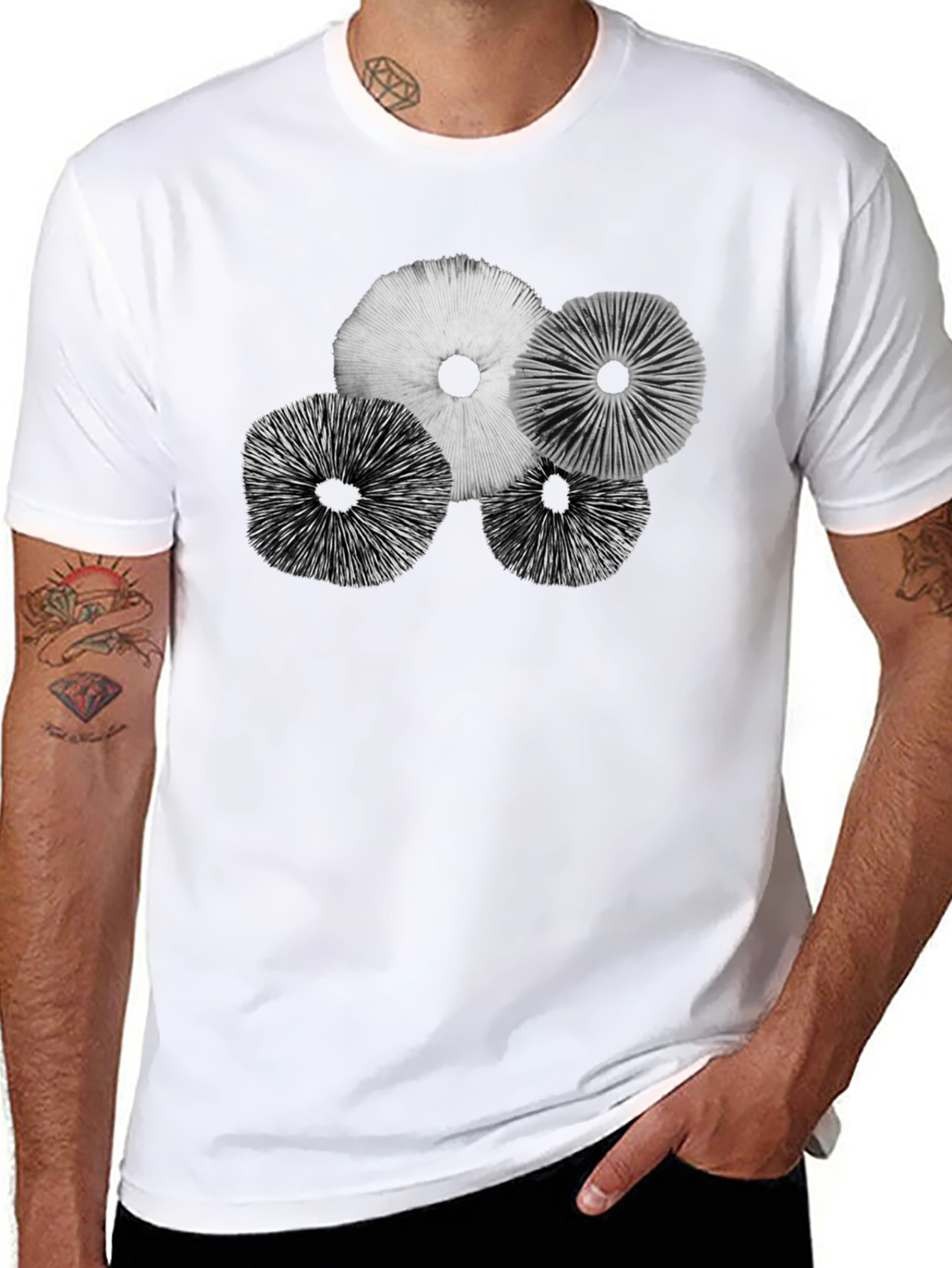 Mushroom Print Black Crew Neck T-Shirt