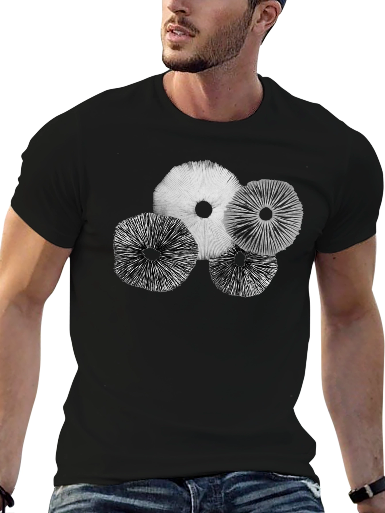 Mushroom Print Black Crew Neck T-Shirt