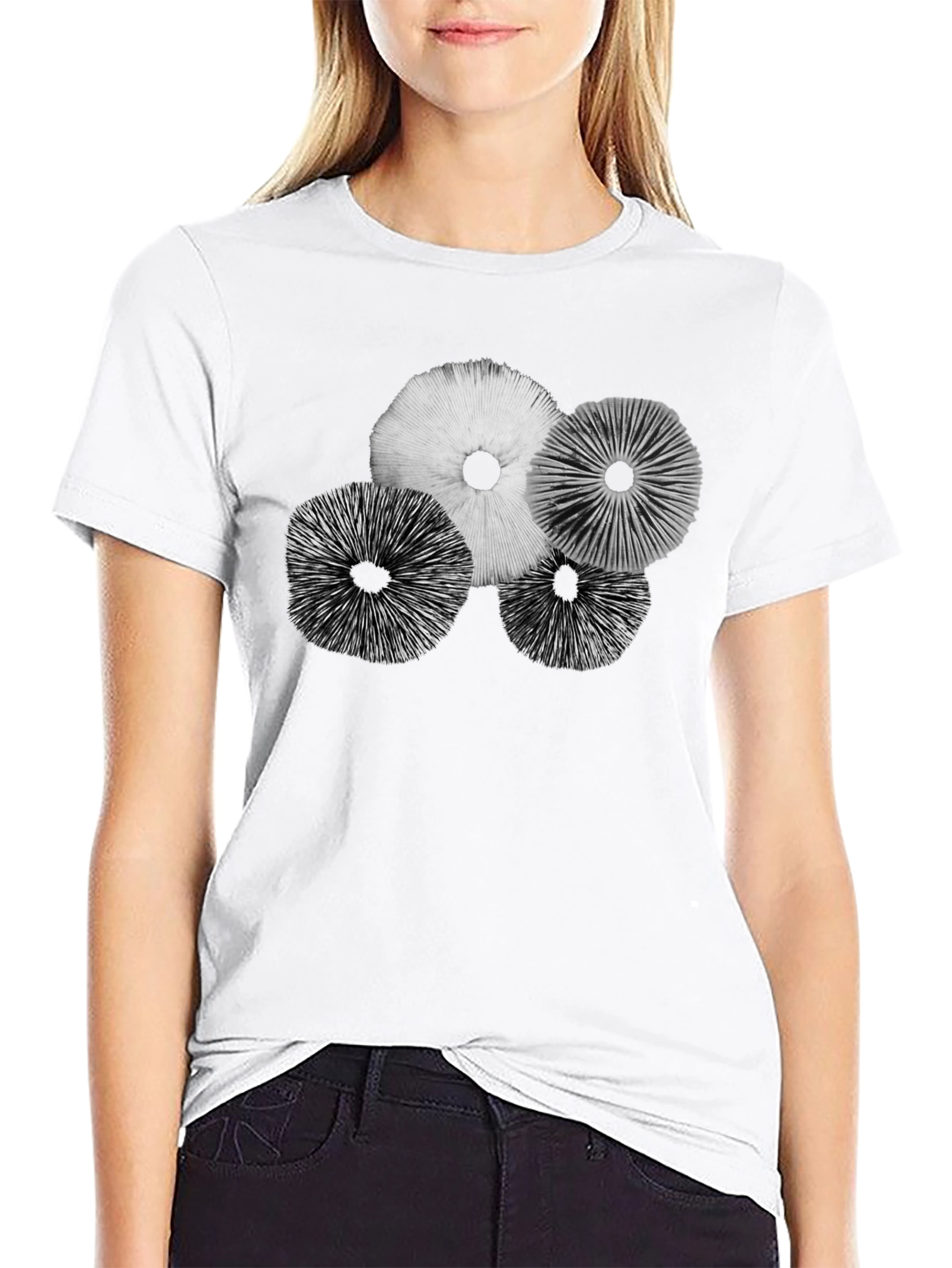 Mushroom Print Black Crew Neck T-Shirt