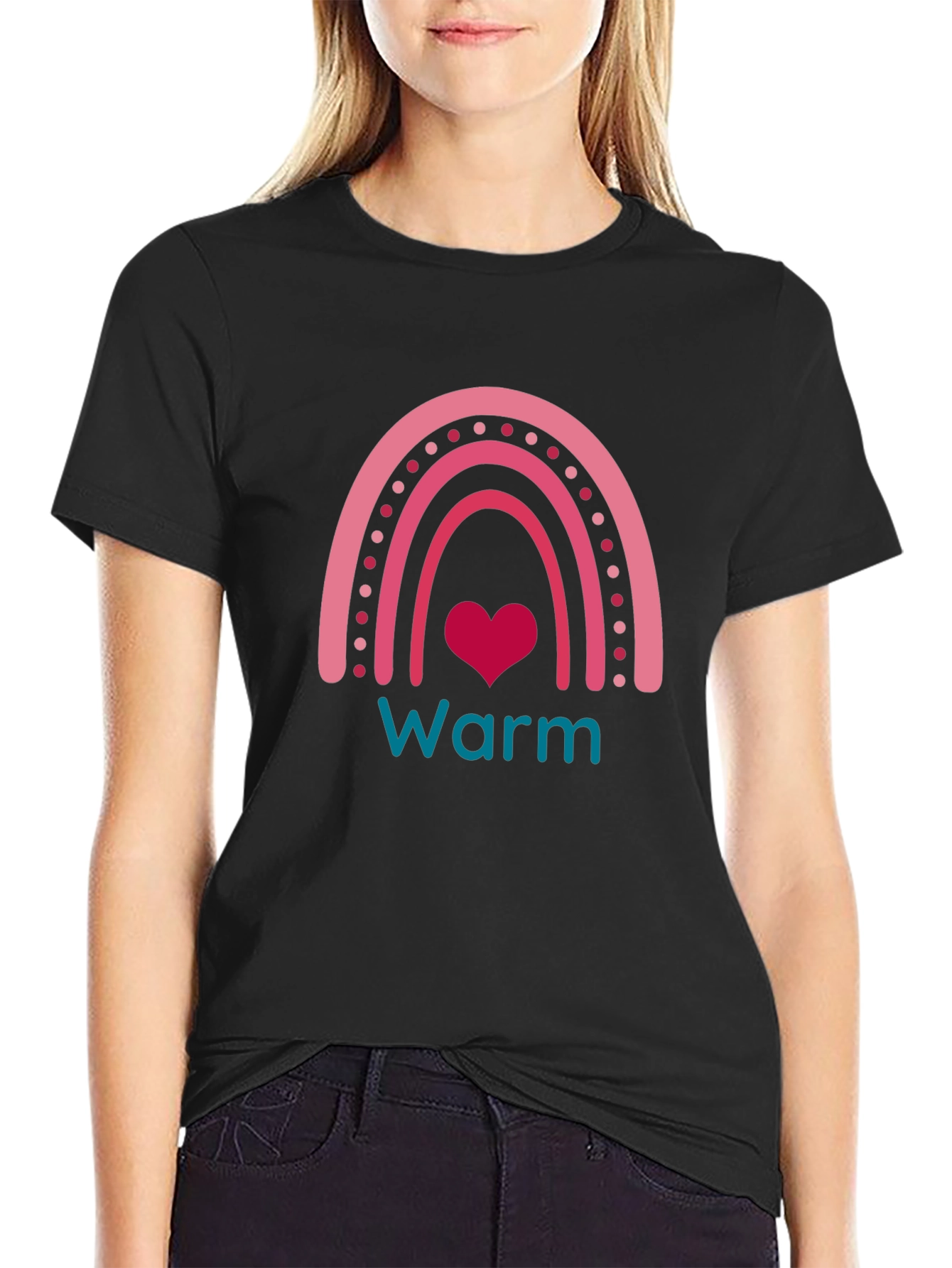 Warm Heart Rainbow Graphic Tee - Black Cotton T-Shirt