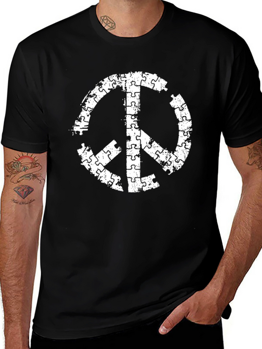 Puzzle Piece Peace Sign Black T-Shirt