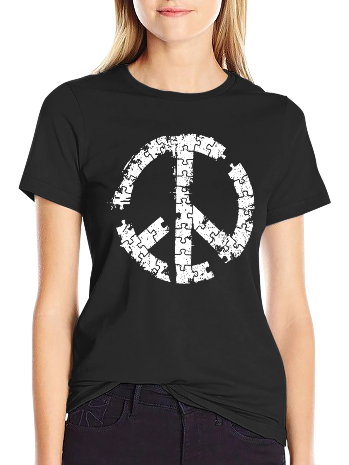 Puzzle Piece Peace Sign Black T-Shirt