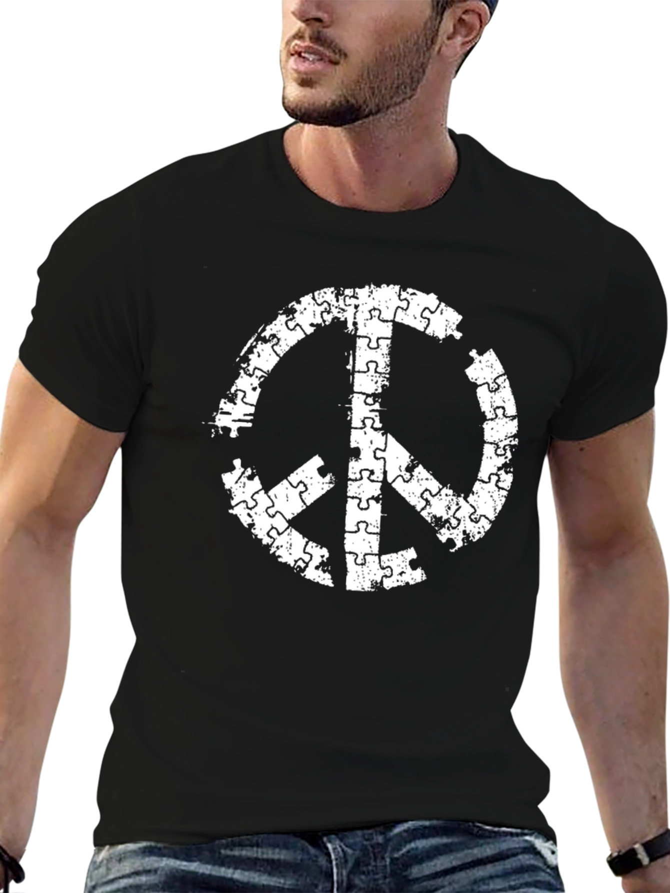 Puzzle Piece Peace Sign Black T-Shirt