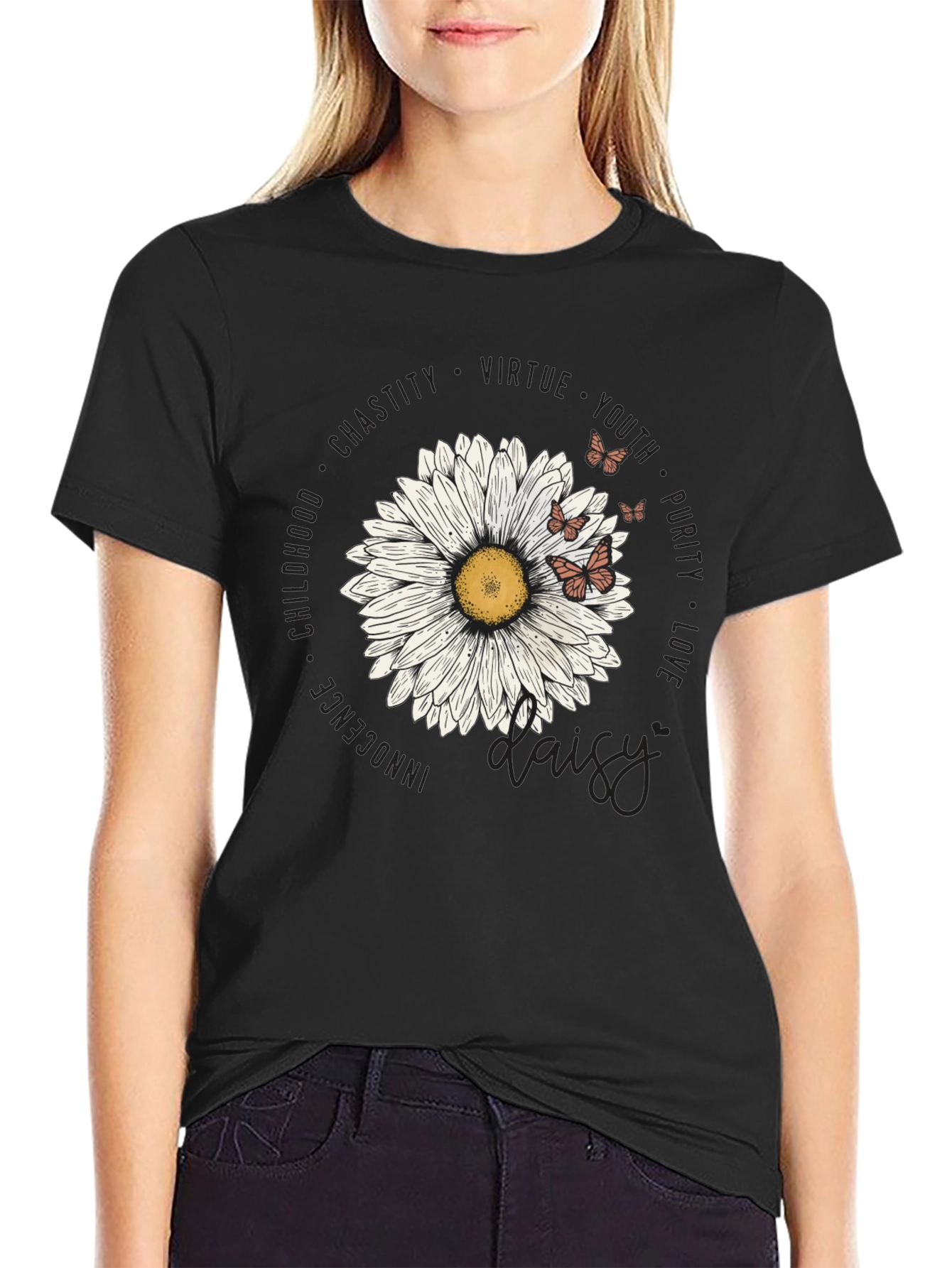 Daisy Floral Print Black T-Shirt