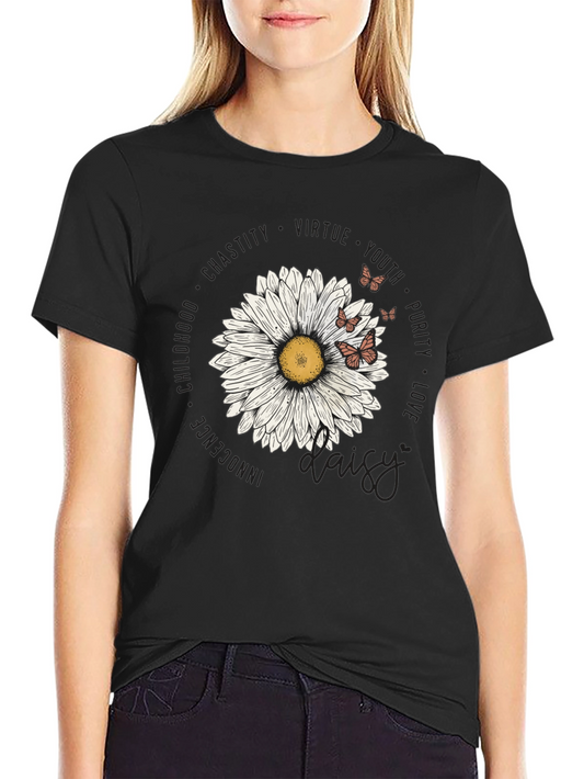 Daisy Floral Print Black T-Shirt