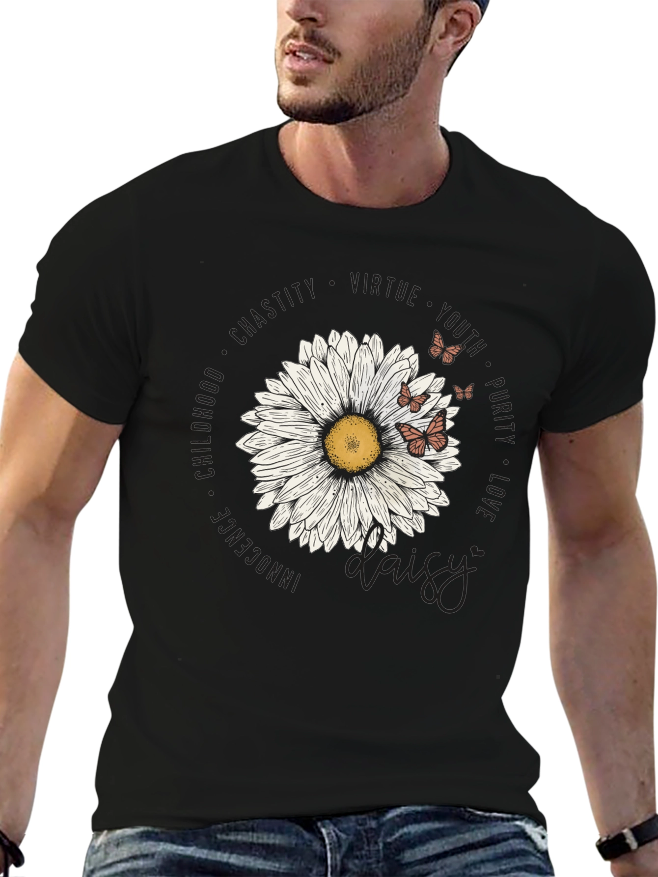 Daisy Floral Print Black T-Shirt