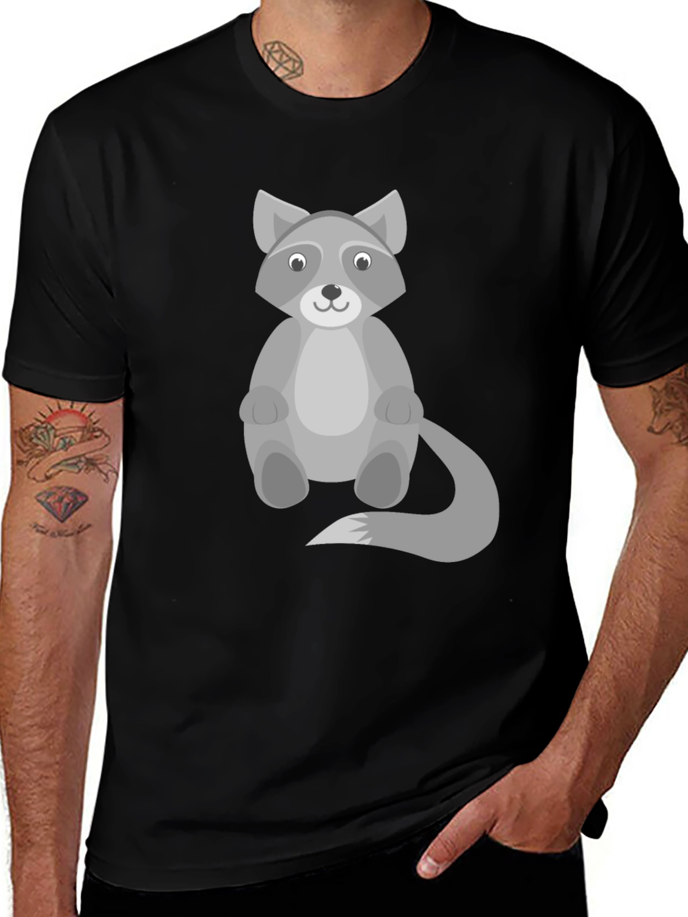 Cartoon Raccoon Graphic Print Black T-Shirt