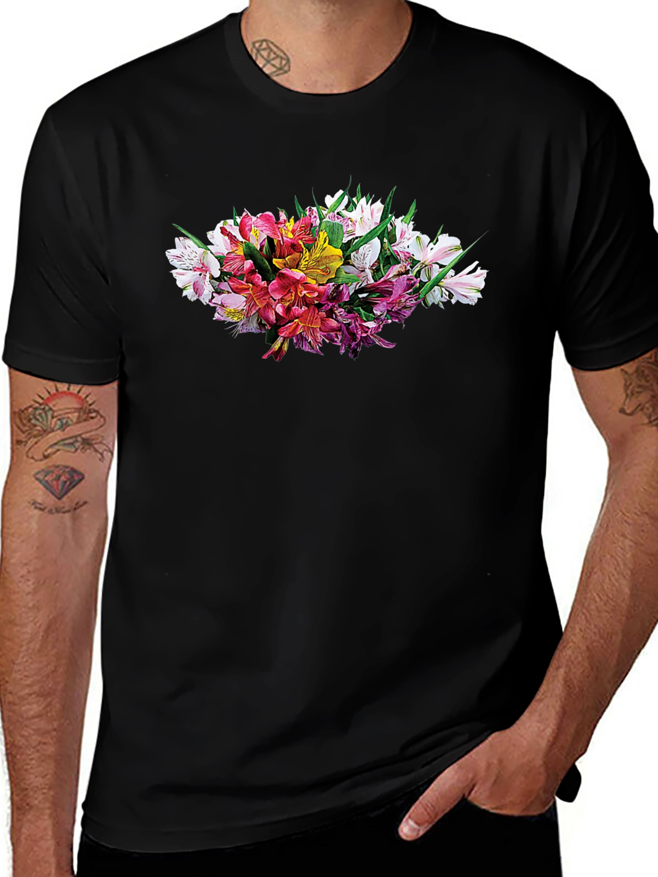 Floral Alstroemeria Graphic Black T-Shirt