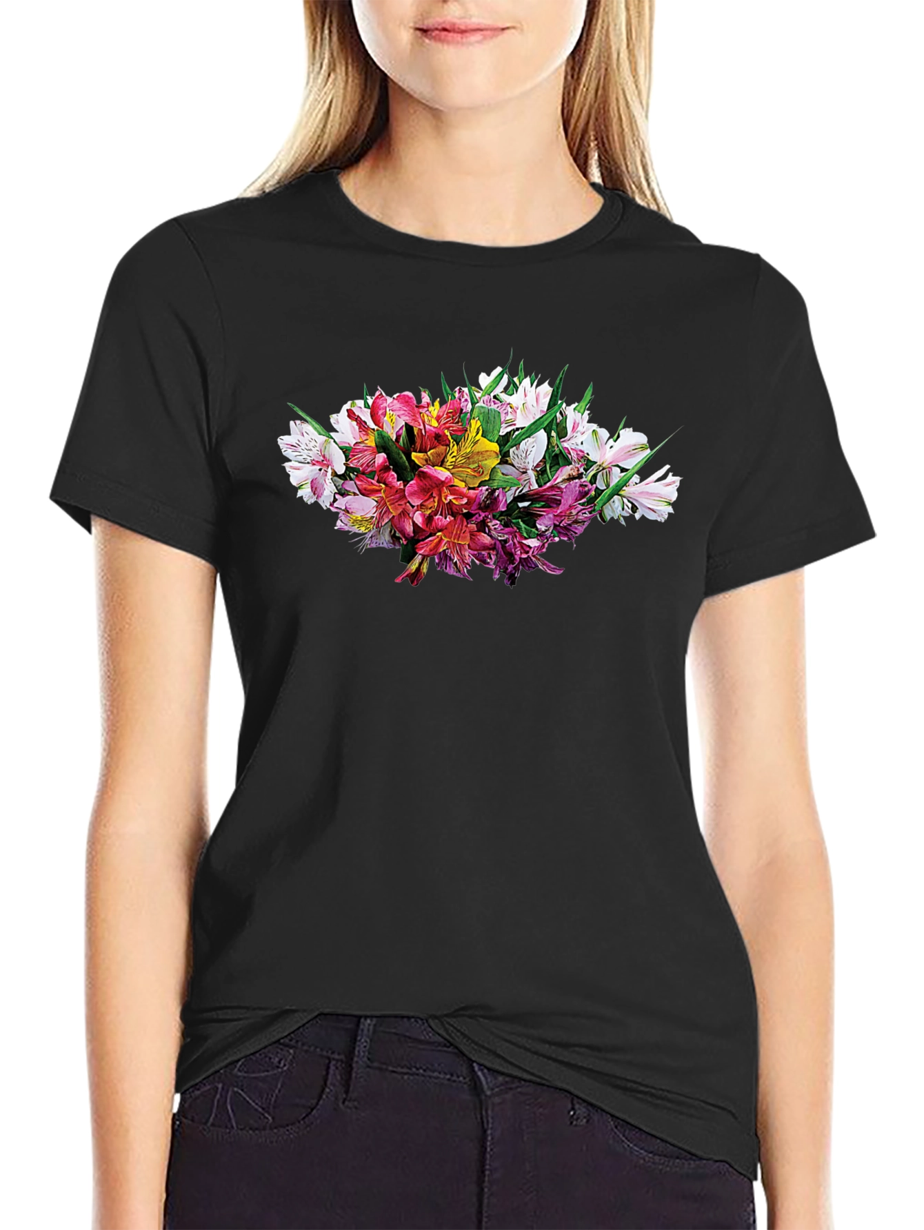 Floral Alstroemeria Graphic Black T-Shirt