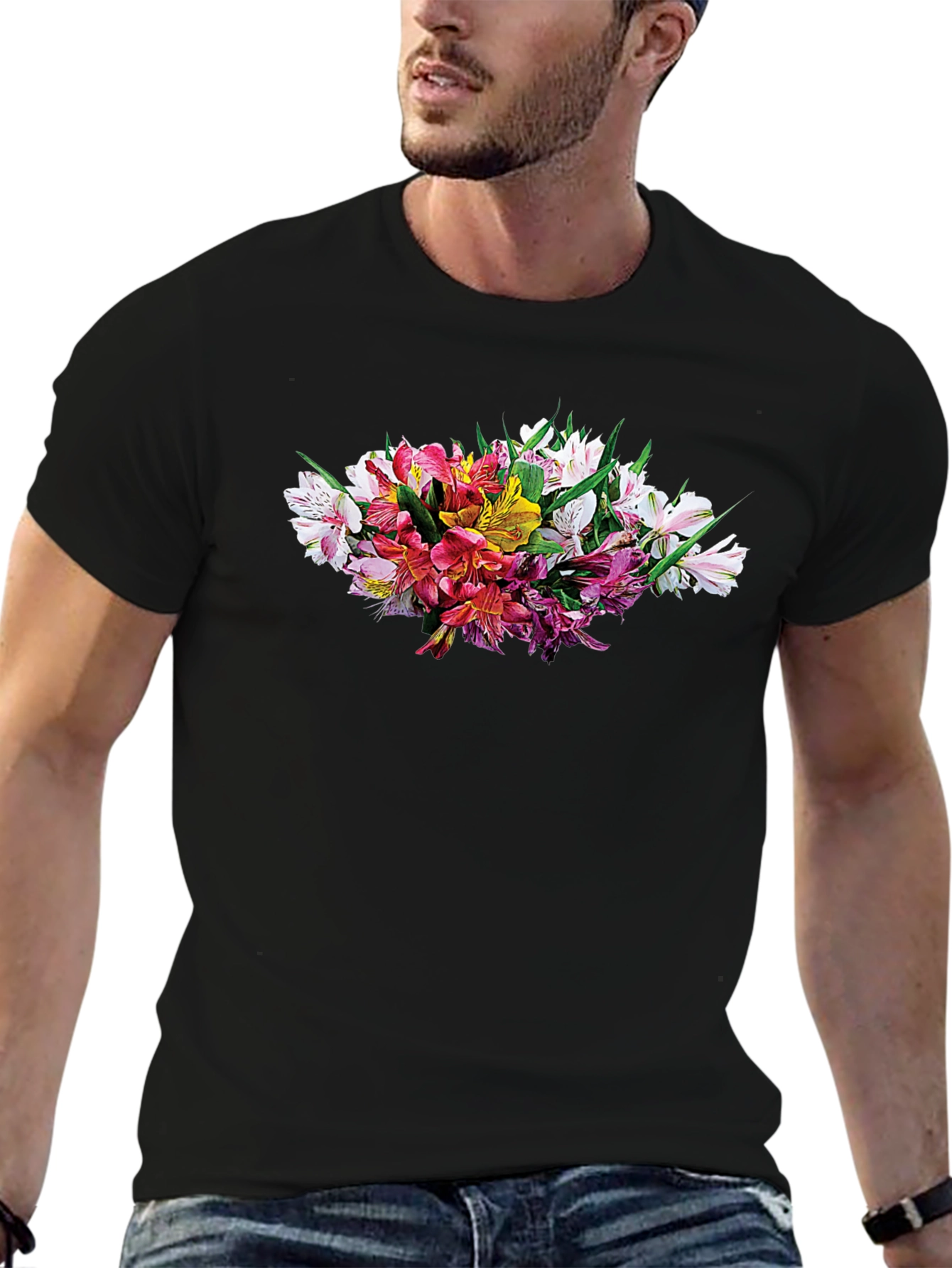 Floral Alstroemeria Graphic Black T-Shirt
