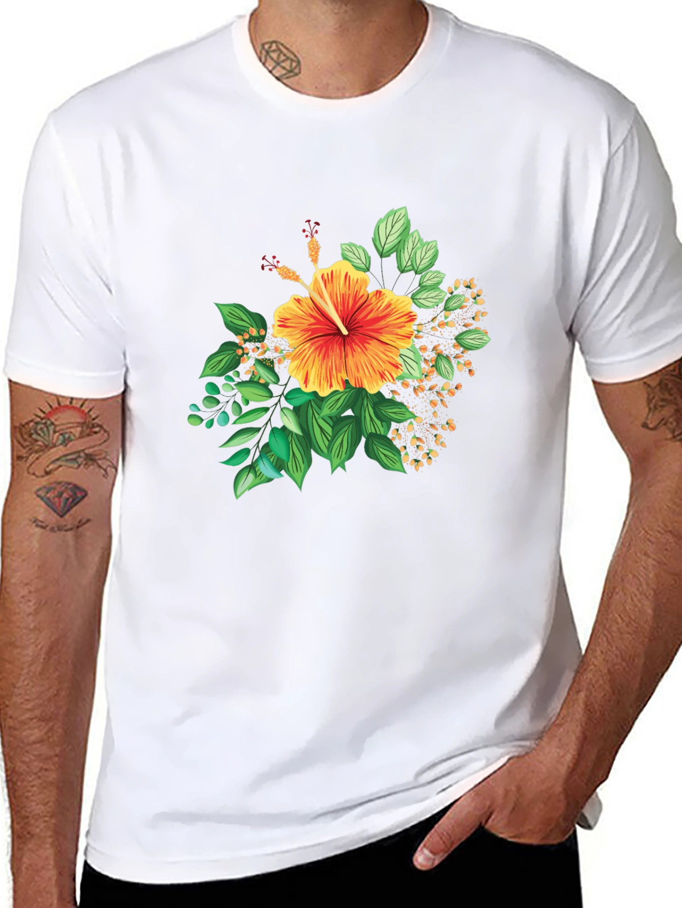 Tropical Hibiscus Graphic Black T-Shirt