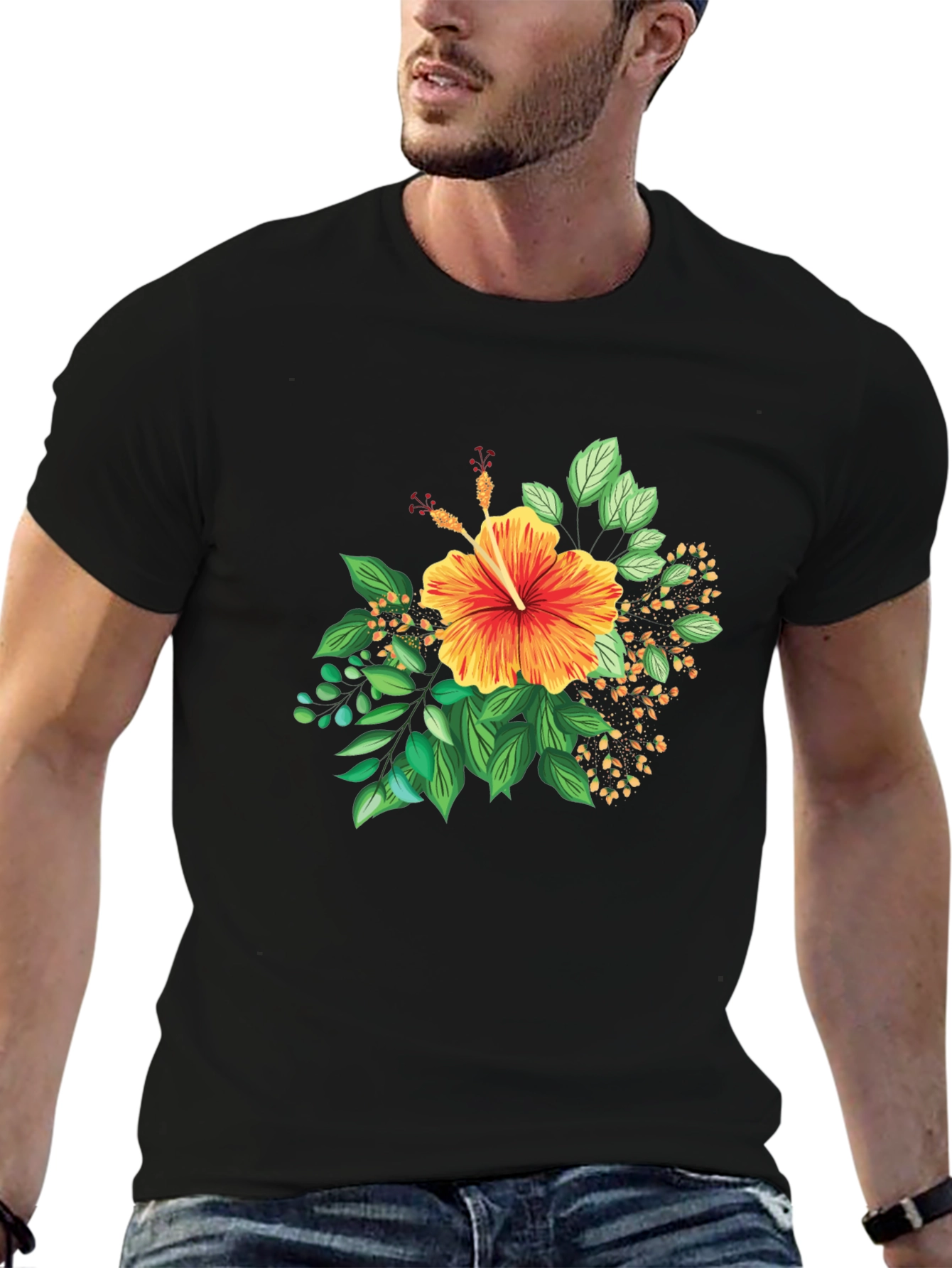 Tropical Hibiscus Graphic Black T-Shirt