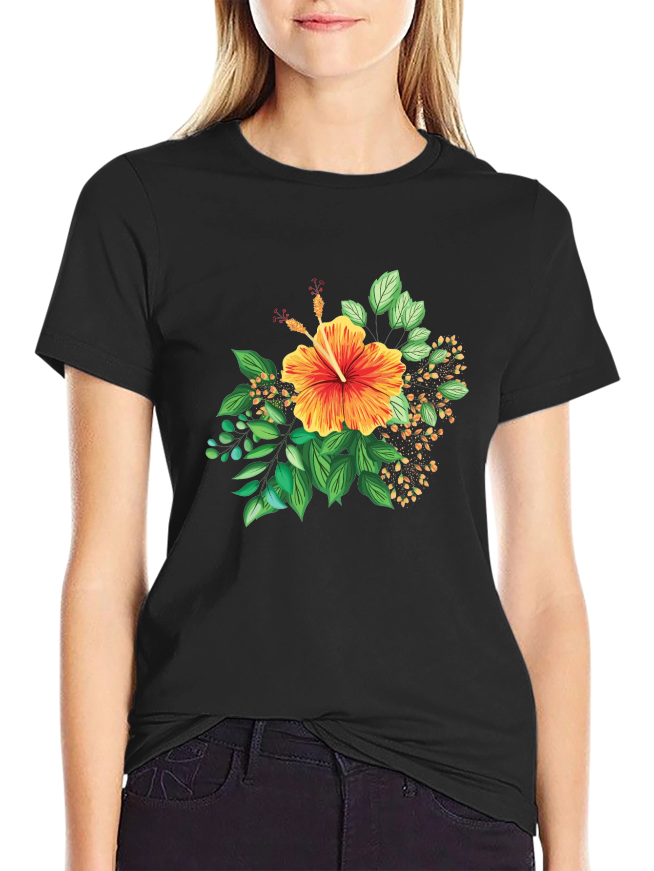 Tropical Hibiscus Graphic Black T-Shirt