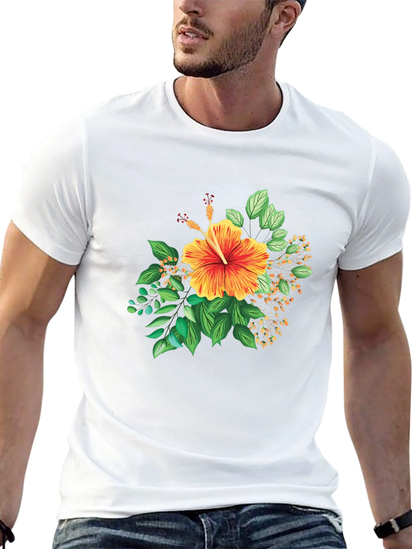 Tropical Hibiscus Graphic Black T-Shirt