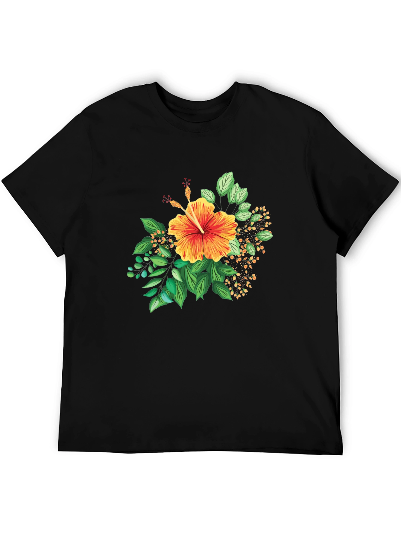 Tropical Hibiscus Graphic Black T-Shirt