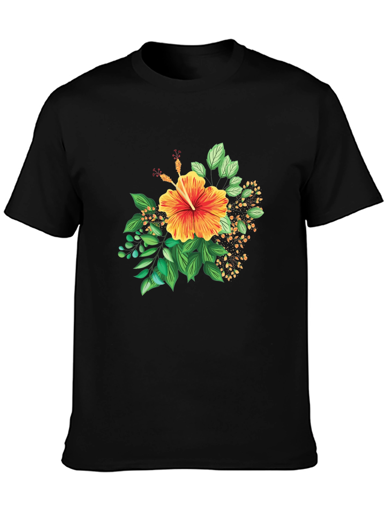 Tropical Hibiscus Graphic Black T-Shirt