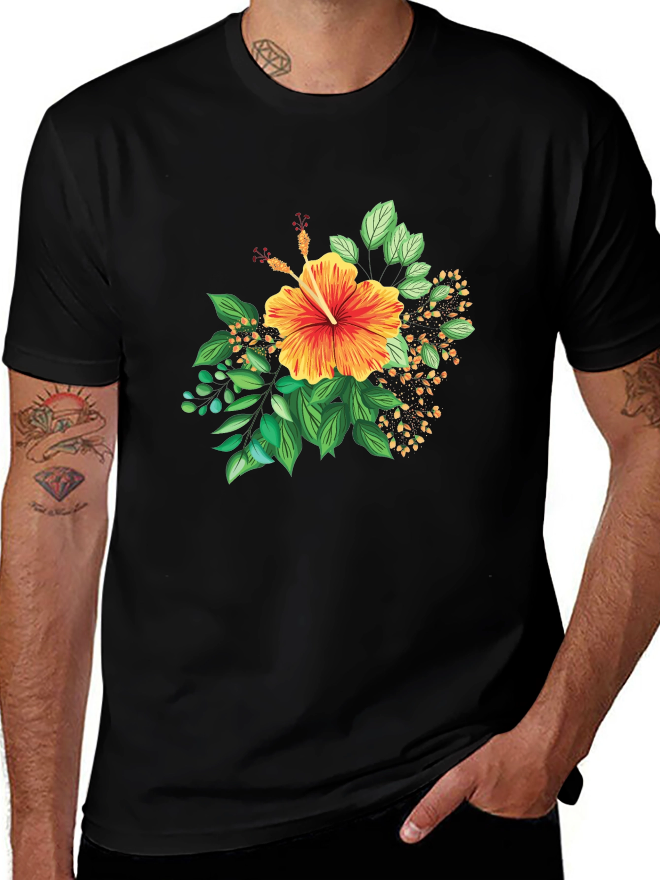 Tropical Hibiscus Graphic Black T-Shirt