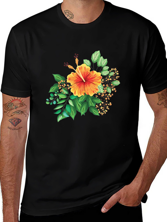 Tropical Hibiscus Graphic Black T-Shirt