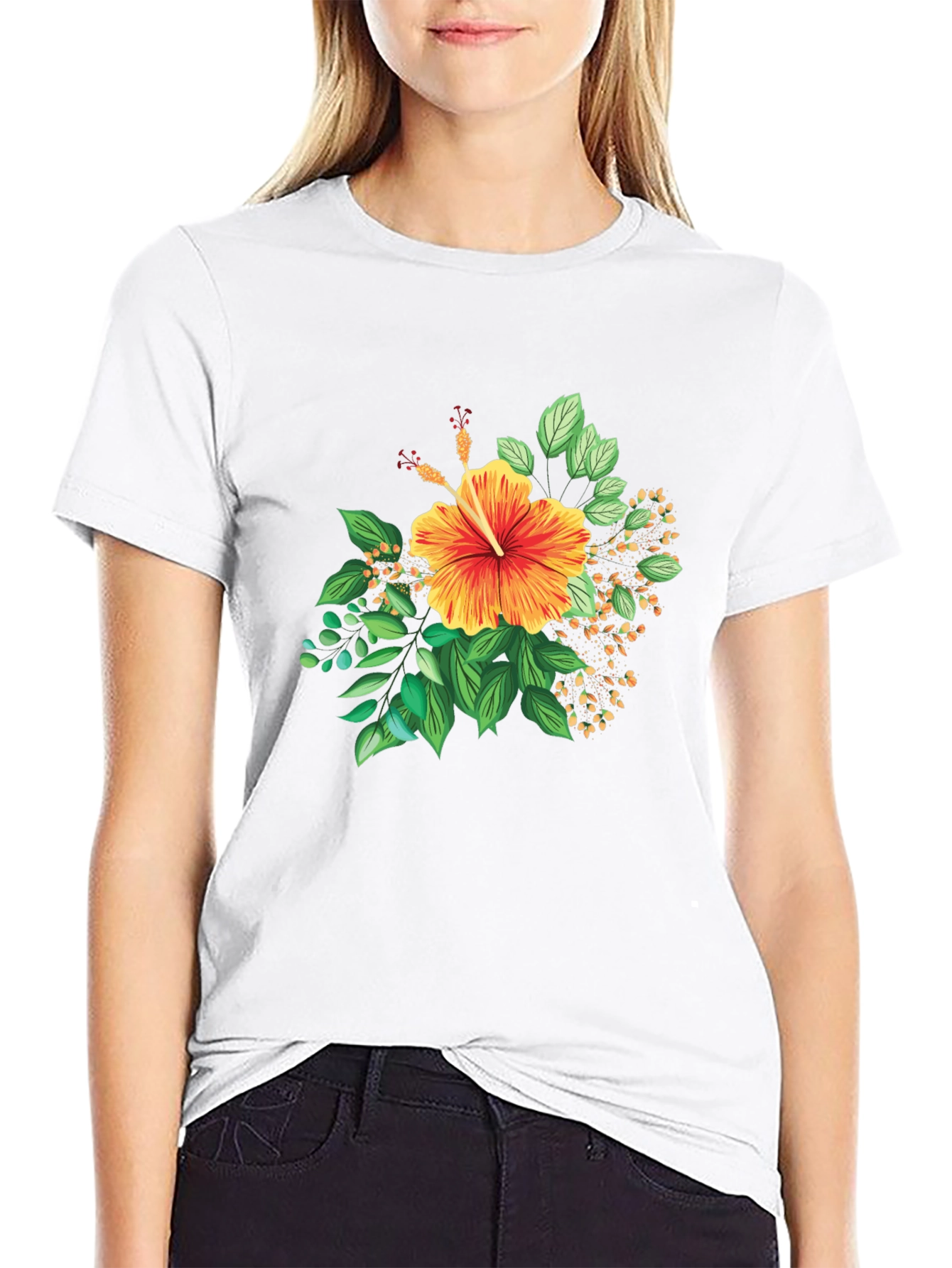 Tropical Hibiscus Graphic Black T-Shirt