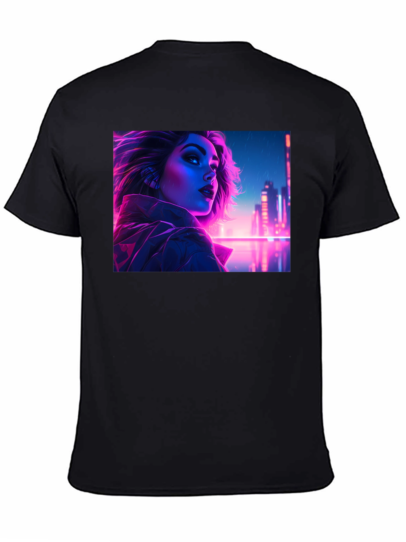 Cyberpunk Neon Woman Graphic Tee - Black Cotton Shirt