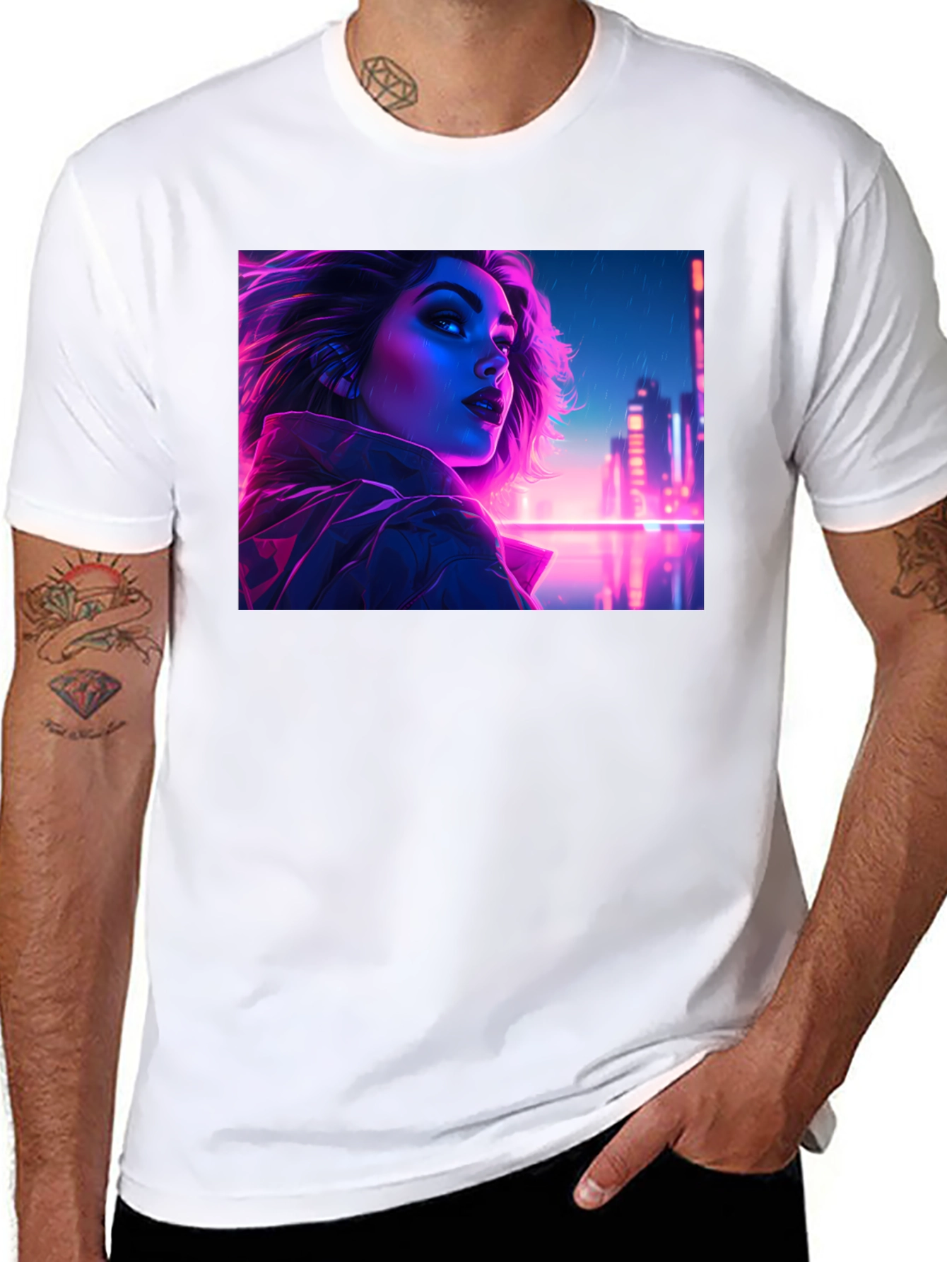 Cyberpunk Neon Woman Graphic Tee - Black Cotton Shirt