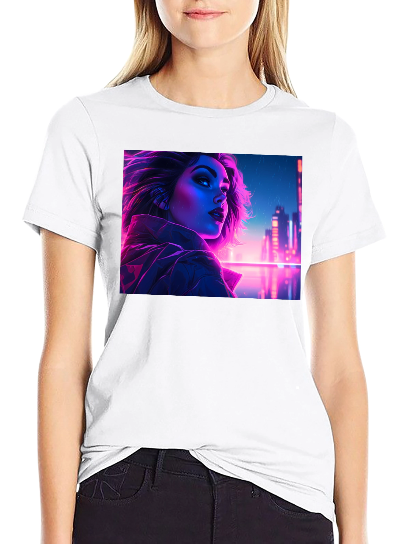 Cyberpunk Neon Woman Graphic Tee - Black Cotton Shirt