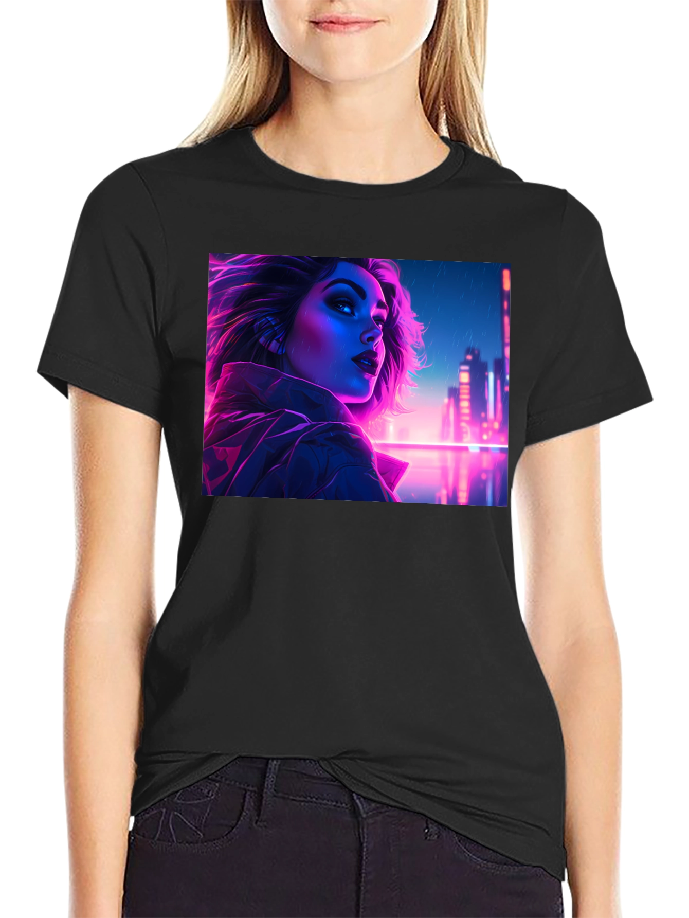 Cyberpunk Neon Woman Graphic Tee - Black Cotton Shirt