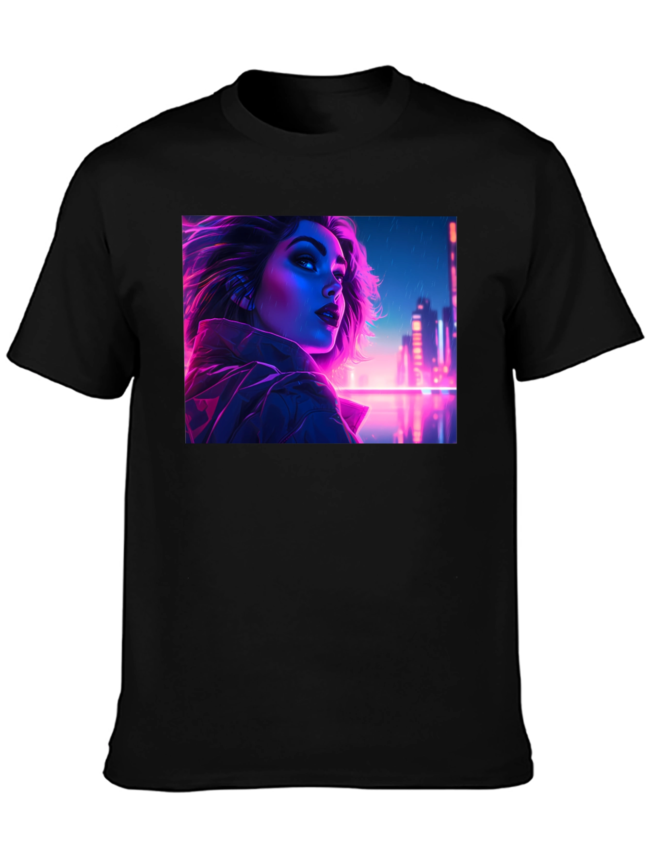 Cyberpunk Neon Woman Graphic Tee - Black Cotton Shirt