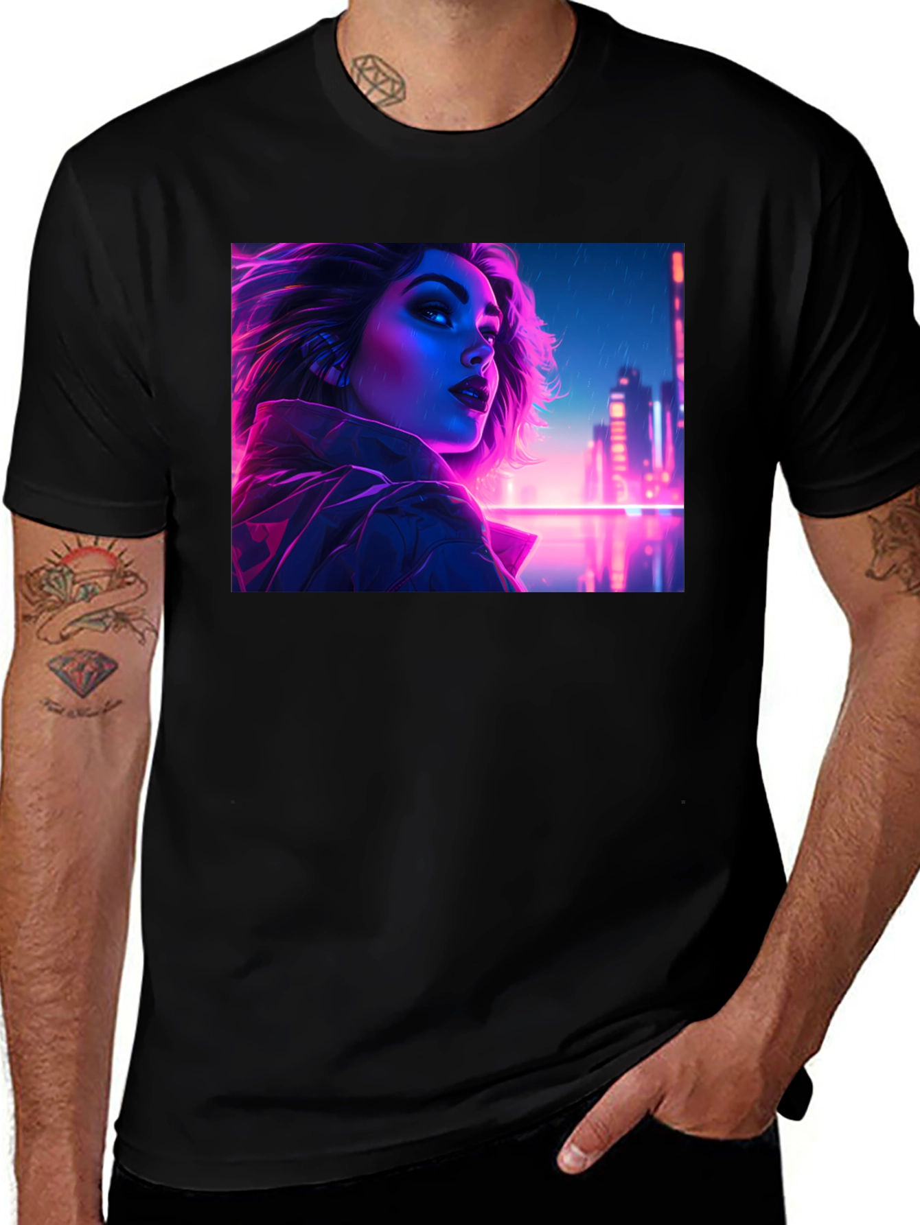 Cyberpunk Neon Woman Graphic Tee - Black Cotton Shirt