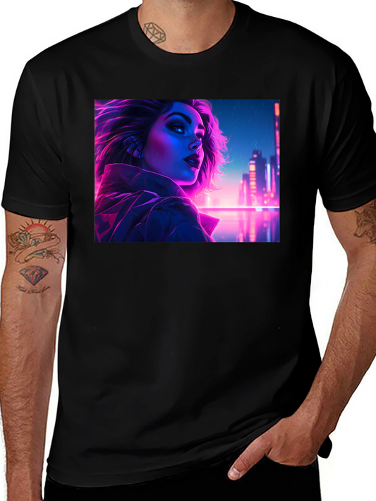 Cyberpunk Neon Woman Graphic Tee - Black Cotton Shirt