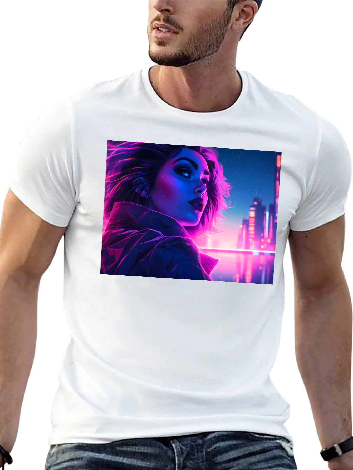 Cyberpunk Neon Woman Graphic Tee - Black Cotton Shirt