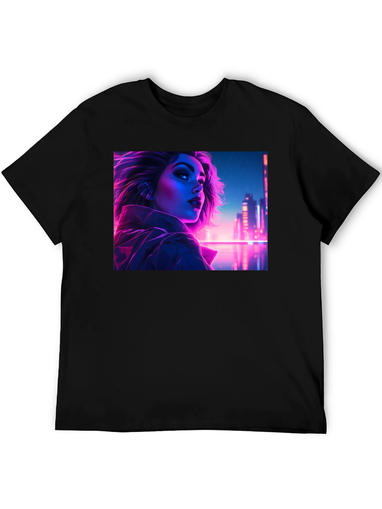 Cyberpunk Neon Woman Graphic Tee - Black Cotton Shirt
