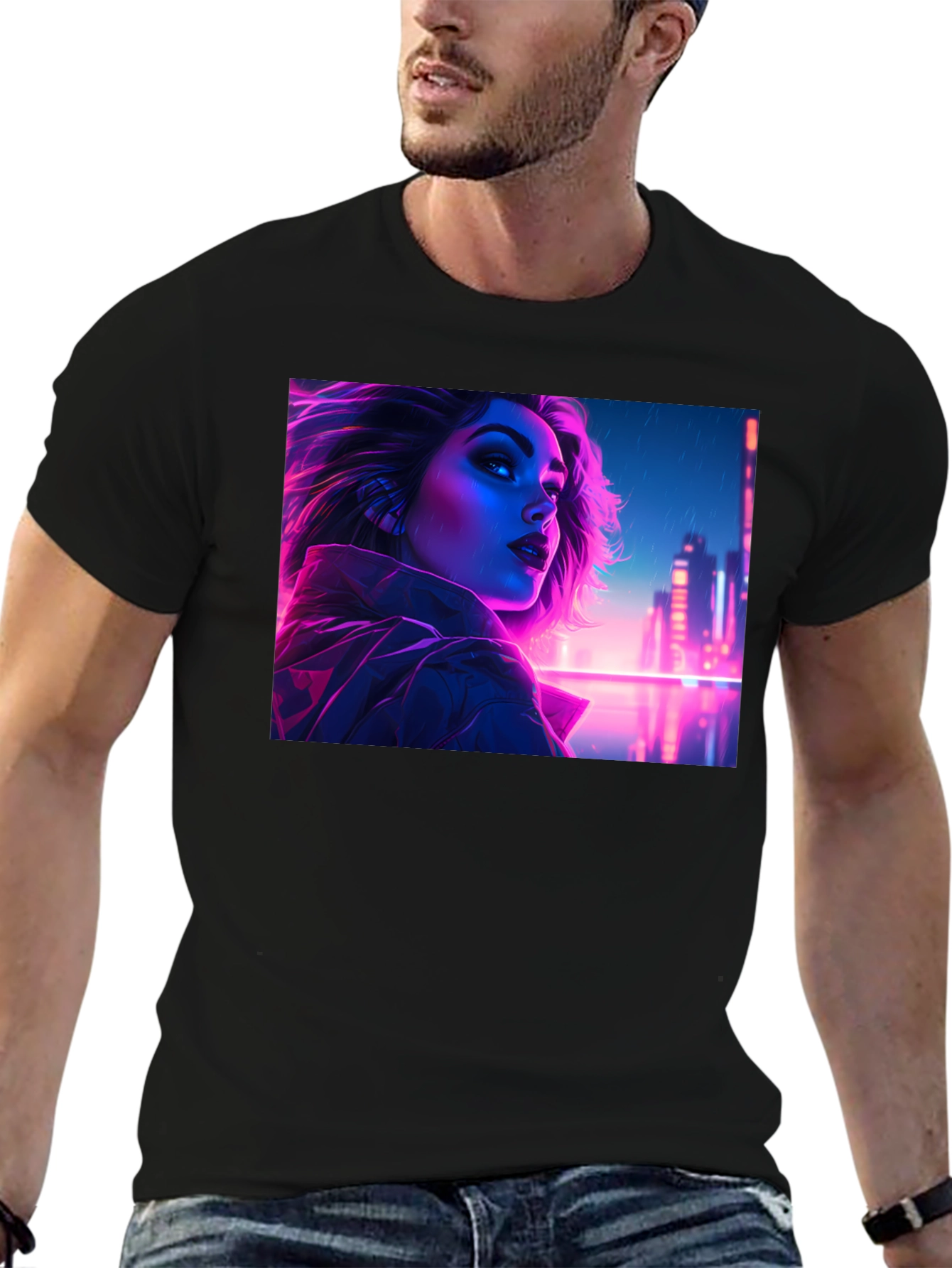 Cyberpunk Neon Woman Graphic Tee - Black Cotton Shirt