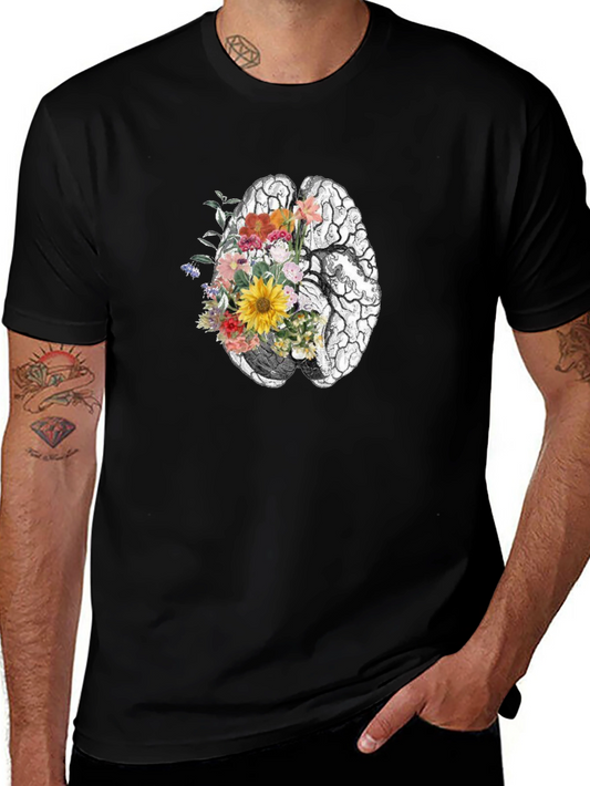 Floral Brain Graphic Tee - Black Unisex T-Shirt