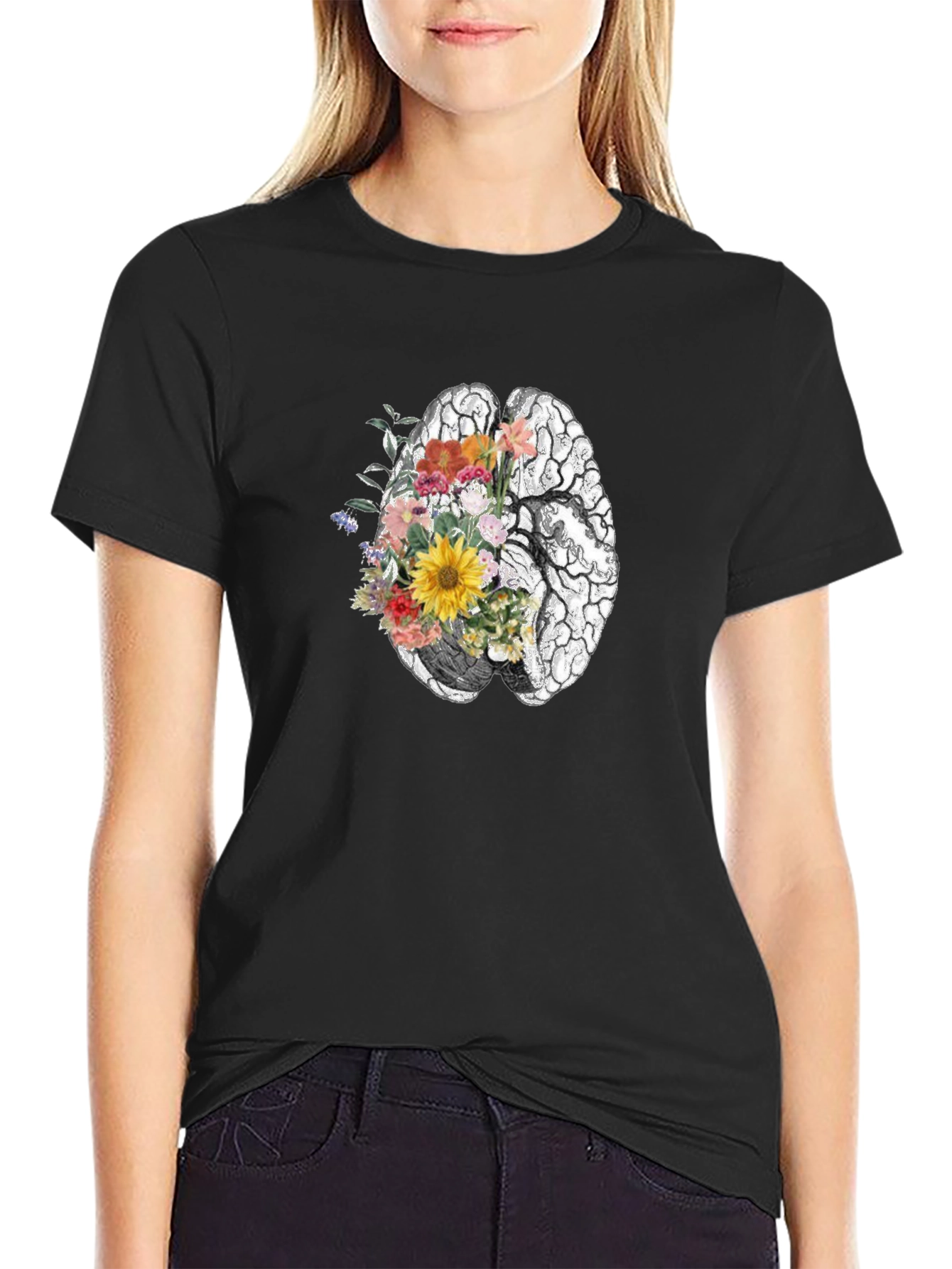 Floral Brain Graphic Tee - Black Unisex T-Shirt