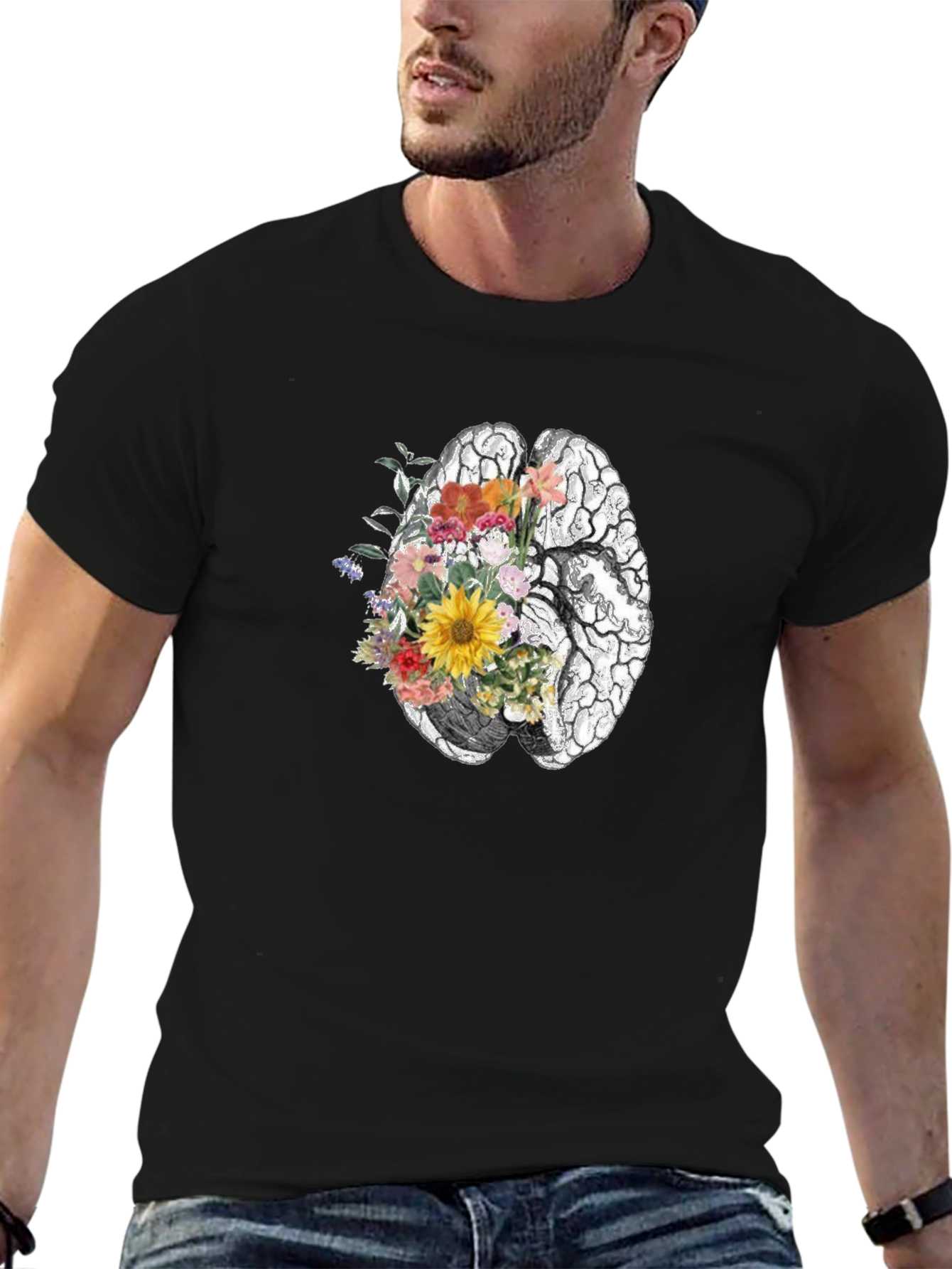 Floral Brain Graphic Tee - Black Unisex T-Shirt