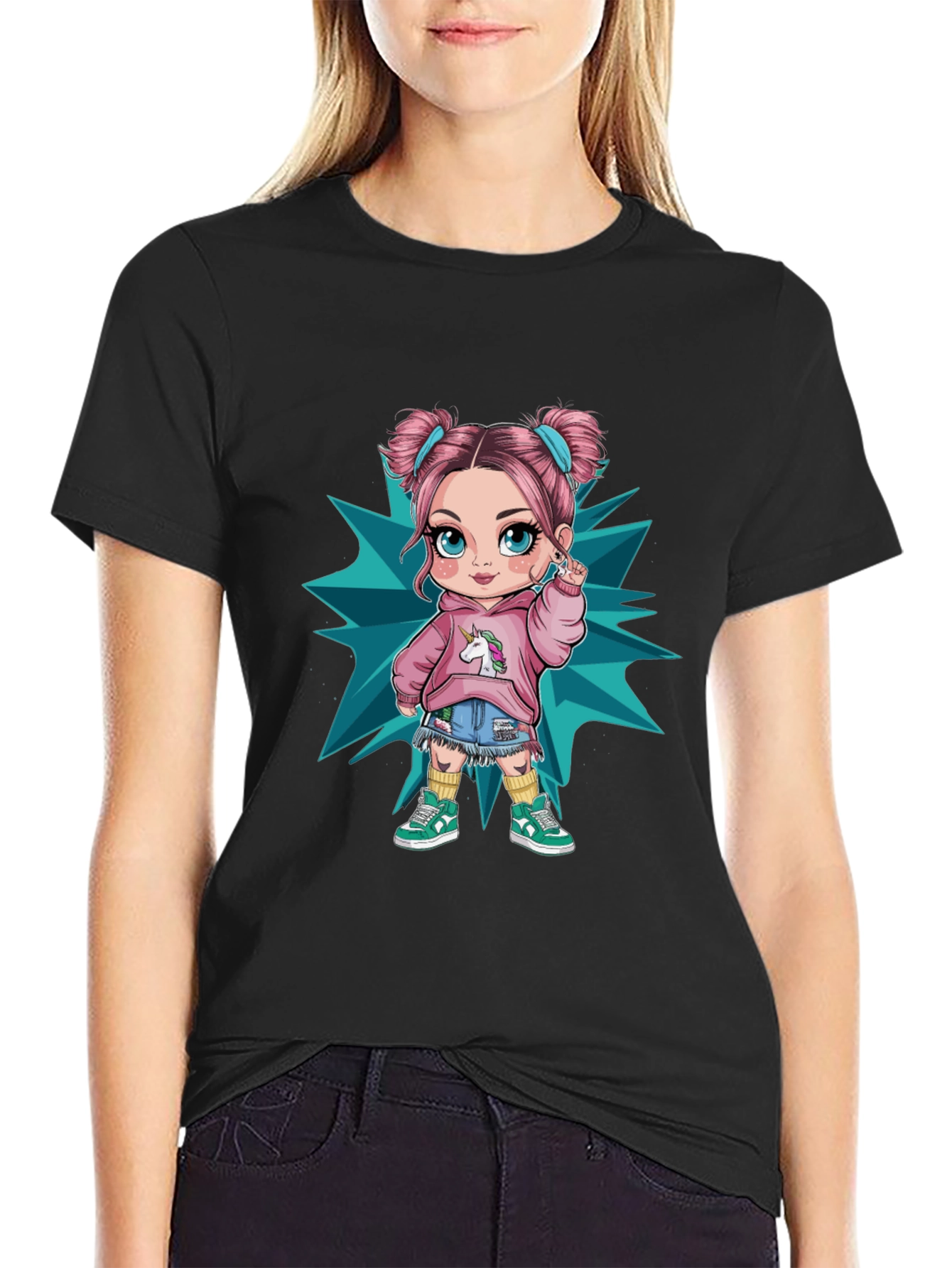 Cartoon Girl Graphic Black T-Shirt