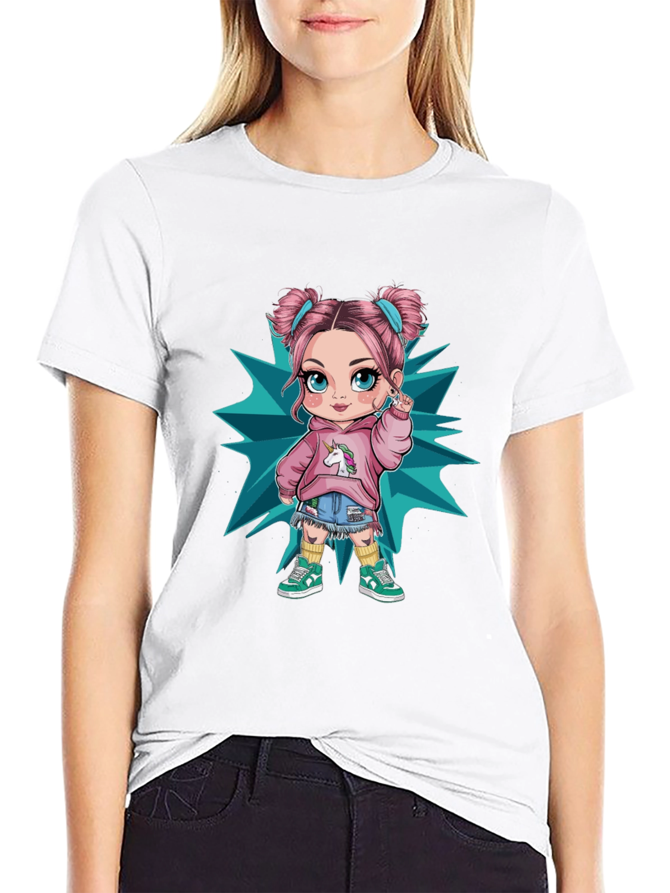 Cartoon Girl Graphic Black T-Shirt
