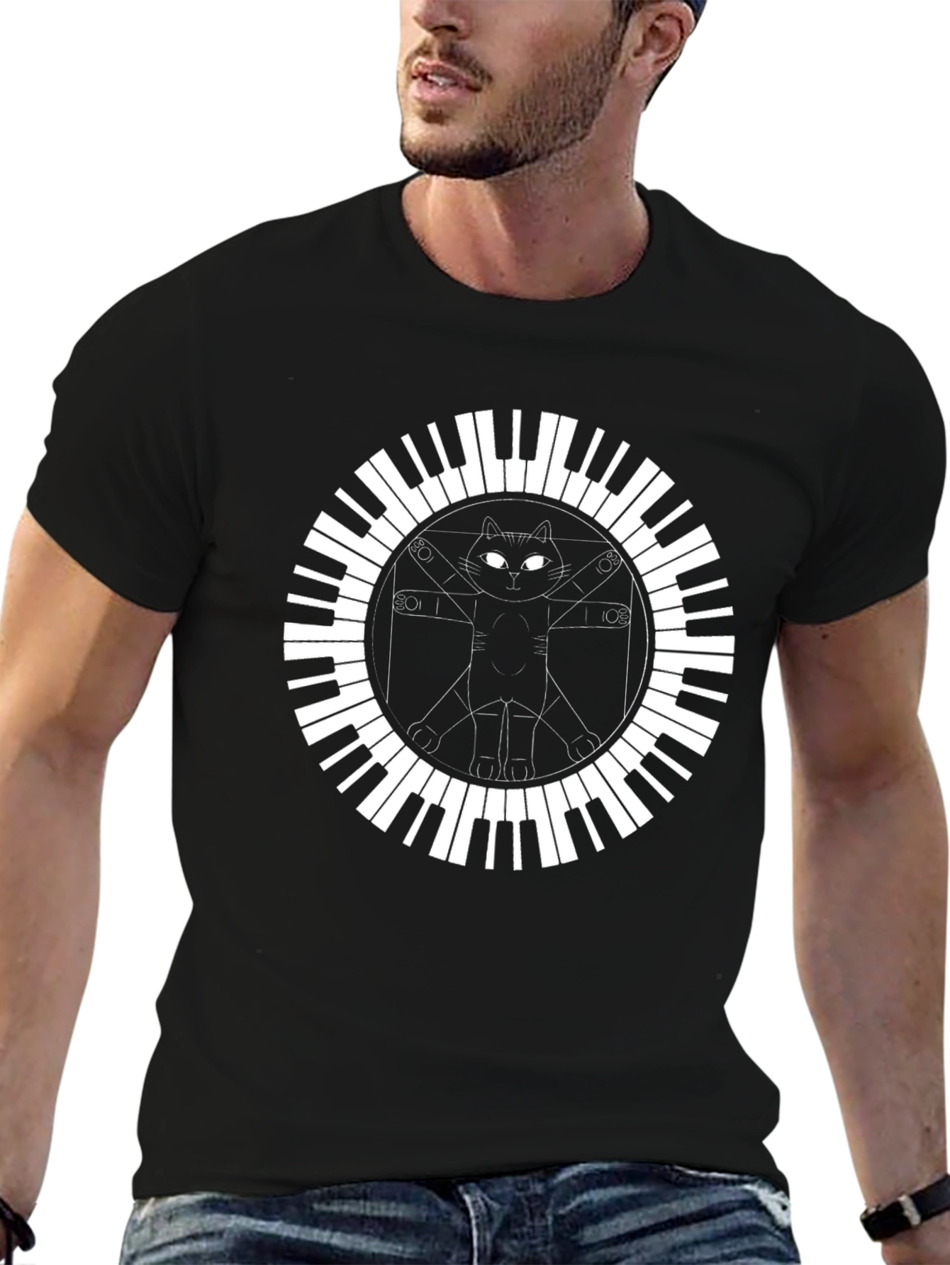 Cat Vitruvian Man Piano Keys Black T-Shirt