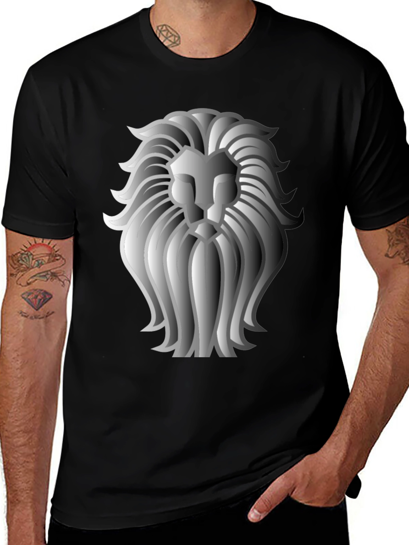 Lion Graphic Print Crew Neck T-Shirt - Black