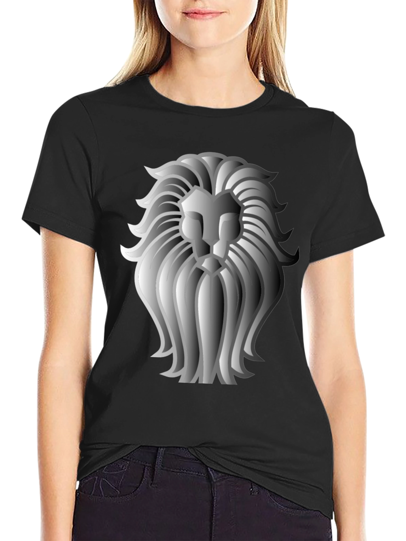 Lion Graphic Print Crew Neck T-Shirt - Black