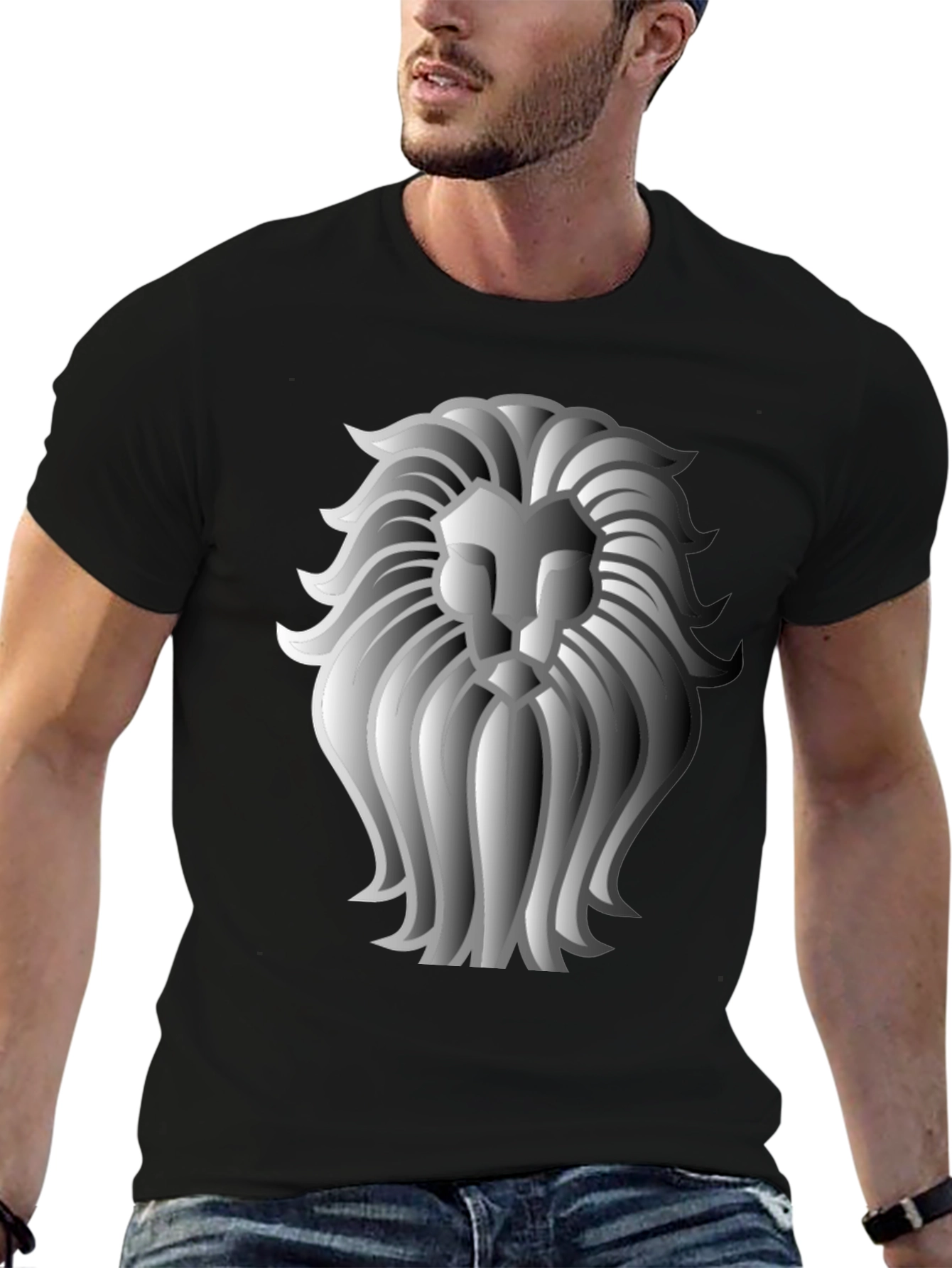 Lion Graphic Print Crew Neck T-Shirt - Black