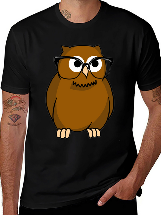 Owl with Glasses Graphic Tee - Black Cotton Shirt