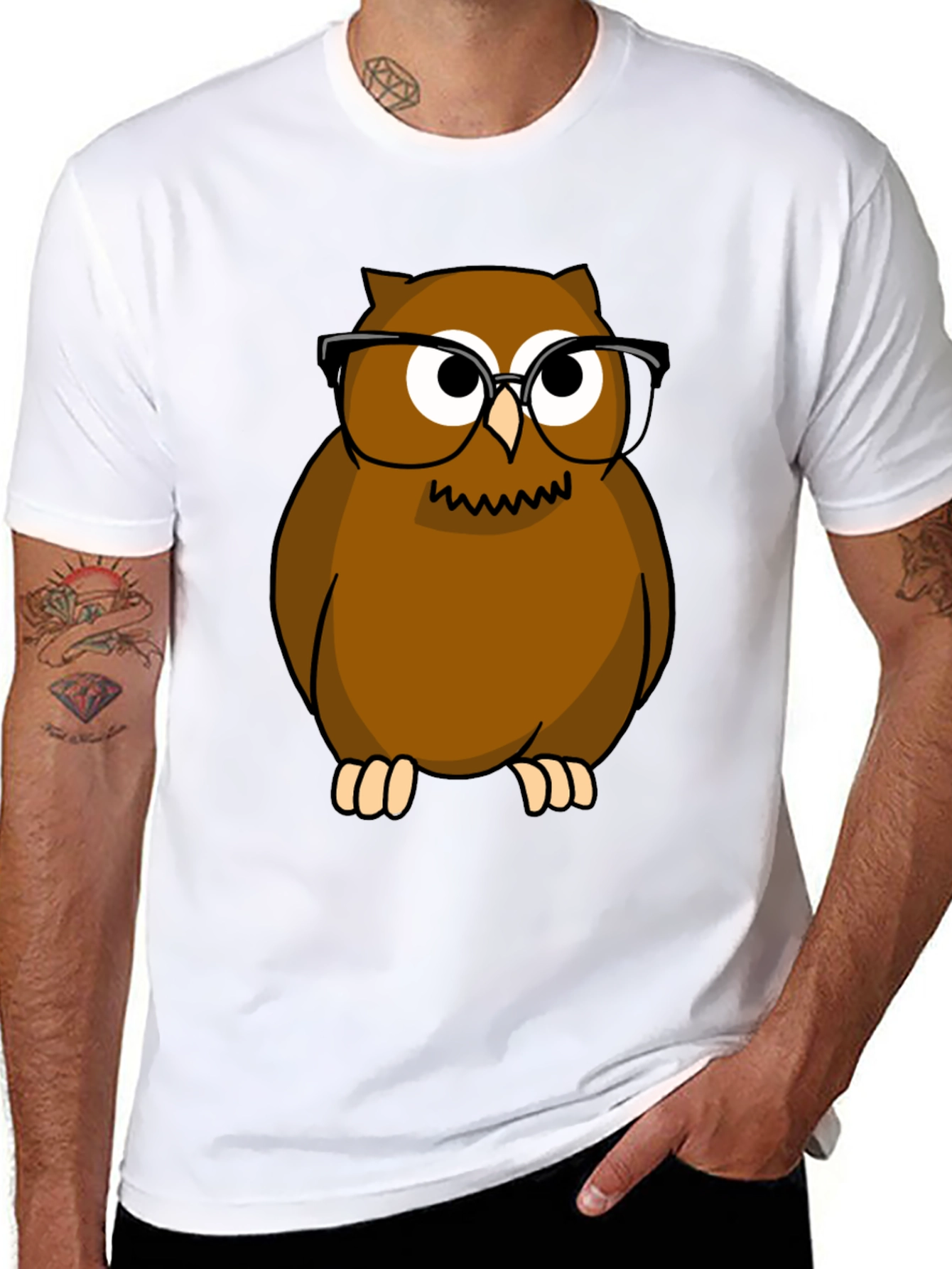 Owl with Glasses Graphic Tee - Black Cotton Shirt
