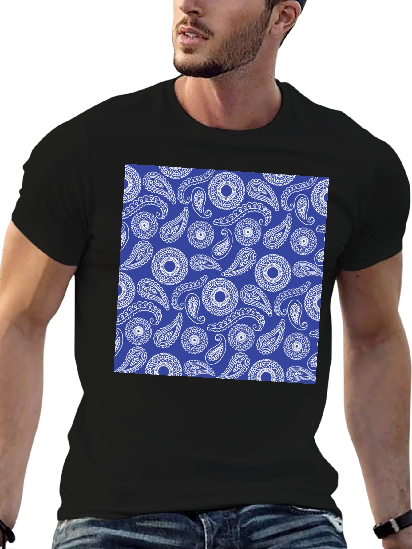 Paisley Pattern Black Crewneck T-Shirt