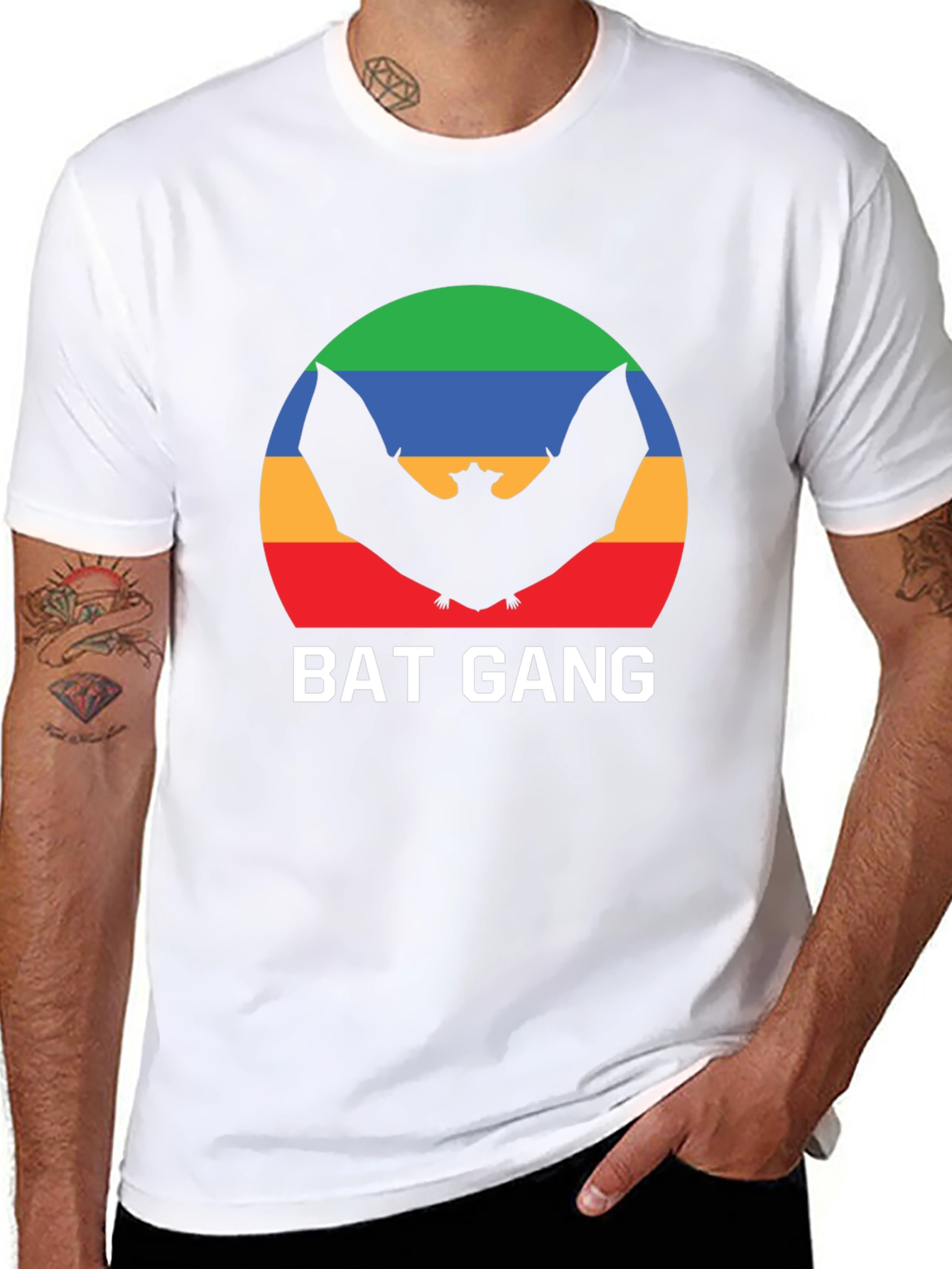 Bat Gang Graphic T-Shirt - Retro Rainbow Bat Design