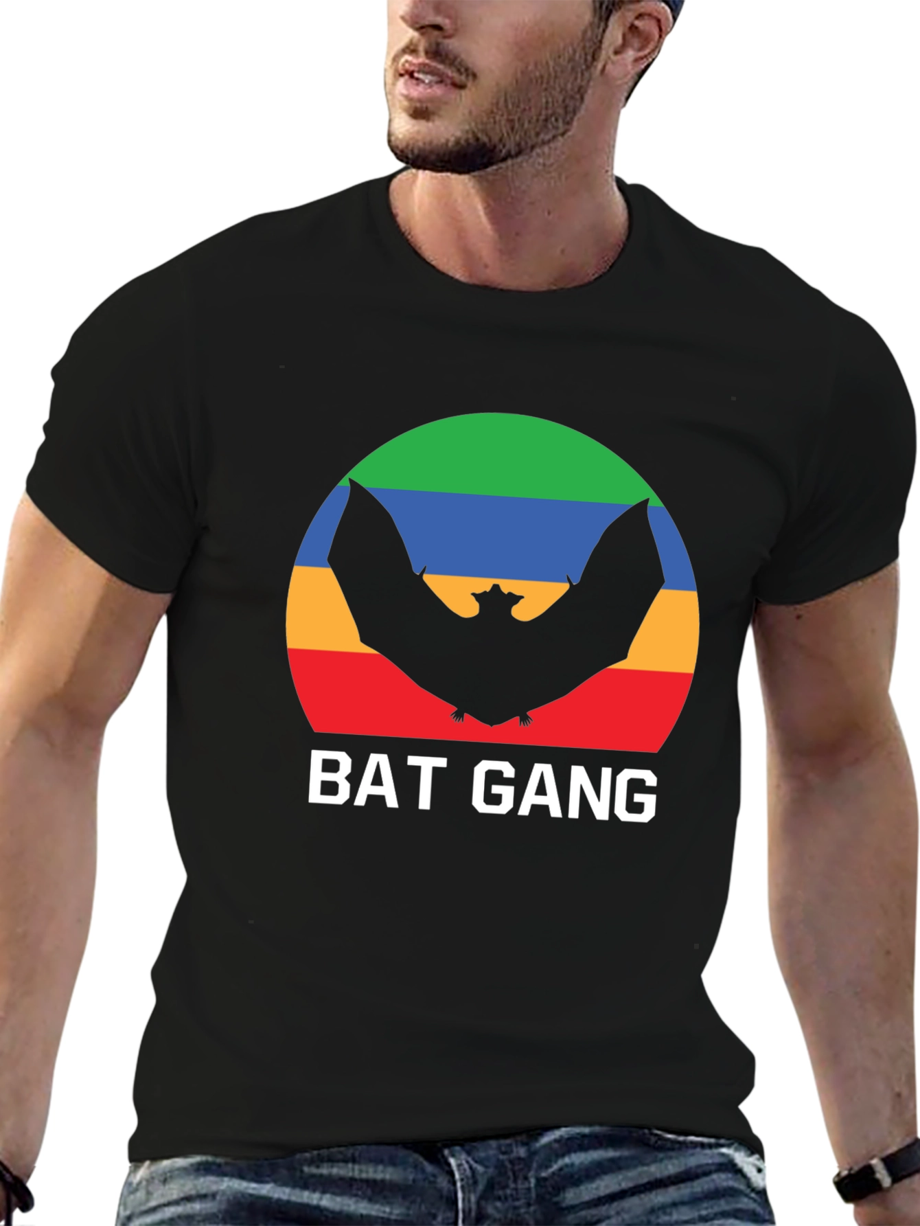 Bat Gang Graphic T-Shirt - Retro Rainbow Bat Design