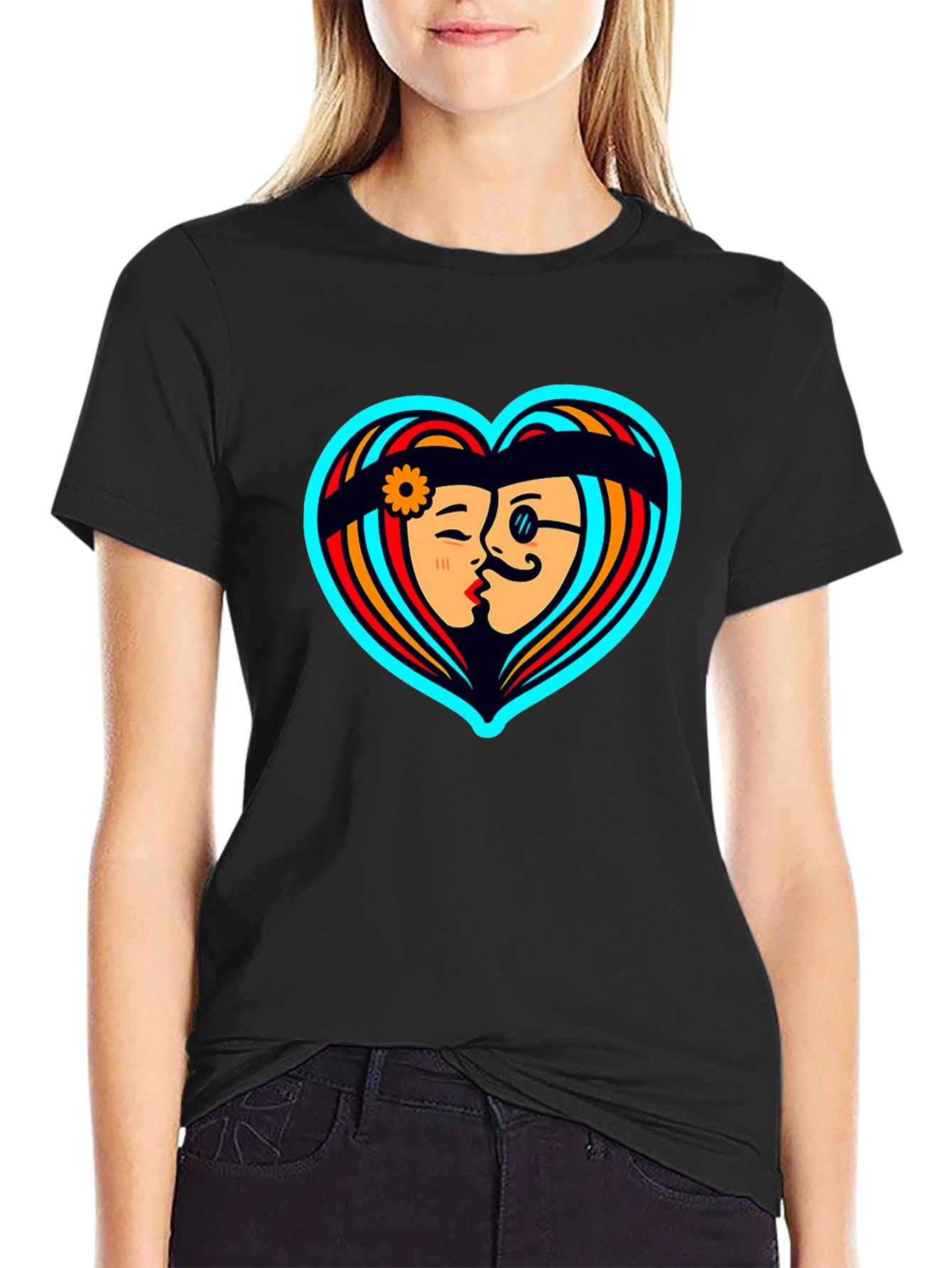 Retro Love Heart Graphic Tee - Black Cotton Shirt